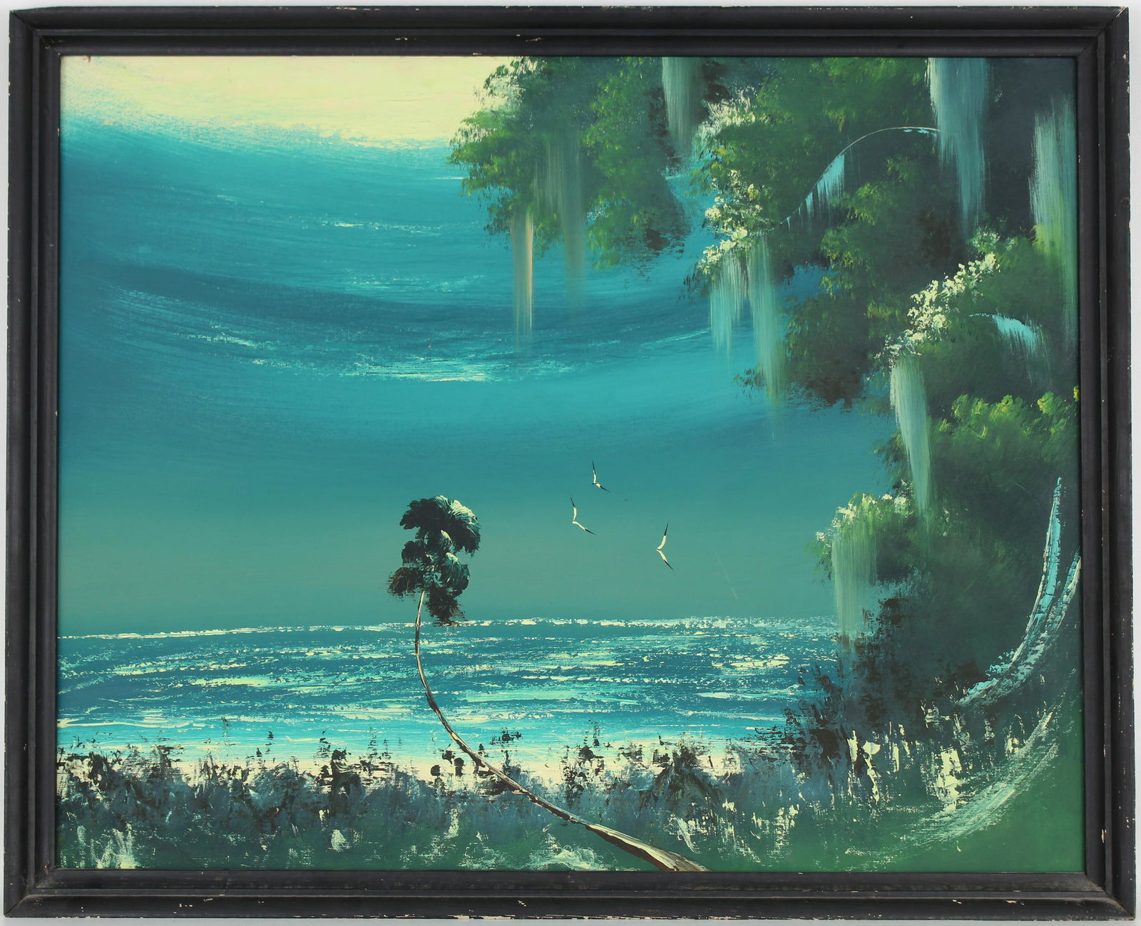 Johnny Daniels (1954 - 2009) FL Highwayman: Johnny Daniels (1954 - 2009) Florida highwayman night time scene. Signed lower right. Oil on upson board. Sight Size: 24 x 30 in. Overall Framed Size: 26 x 32 in.