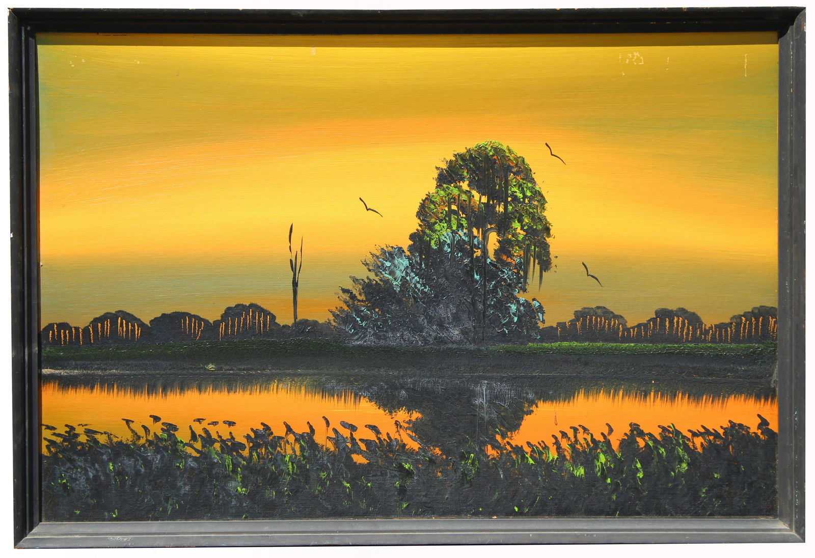 Al Black (B. 1947) Early Florida Highwayman: Al Black (B. 1947) Early Florida Highwayman sunset painting. Oil on upson board. Signed and dated '75 lower right. Sight Size: 24 x 36 in. Overall Framed Size:25.5 x 37.5 in.