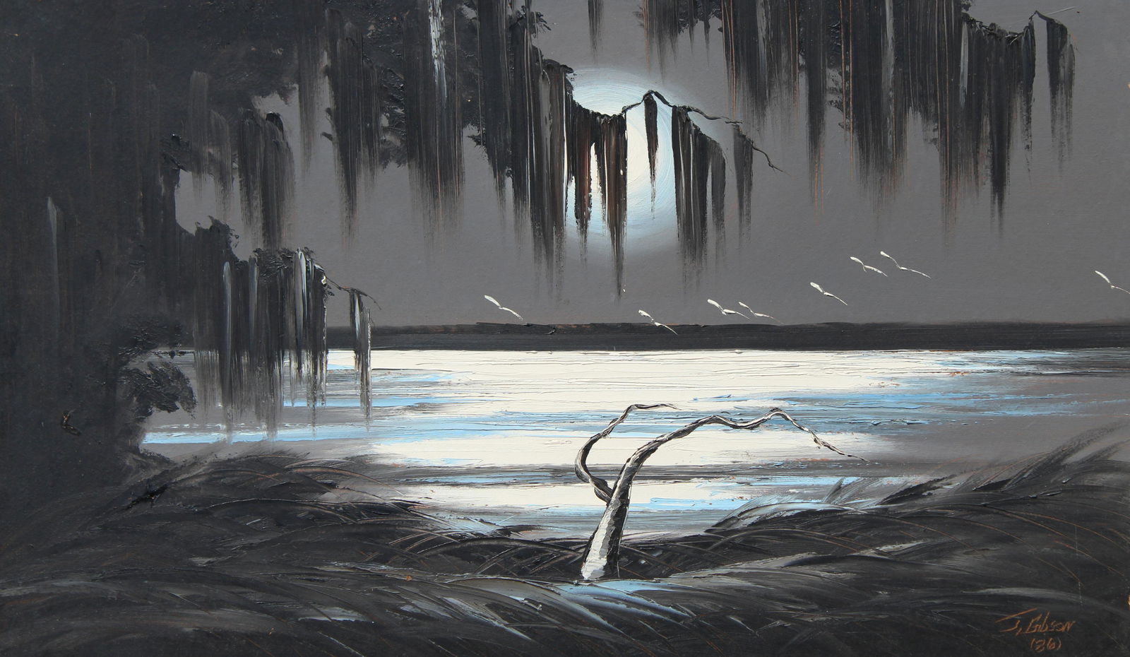 James Gibson (1938-2017) Florida Highwayman: James Gibson (1938-2017) Early Florida Highwayman painting depicting a moonlit river. Oil on upson board. Signed and dated indistinctly lower right. Painting does come with the original frame. Areas o