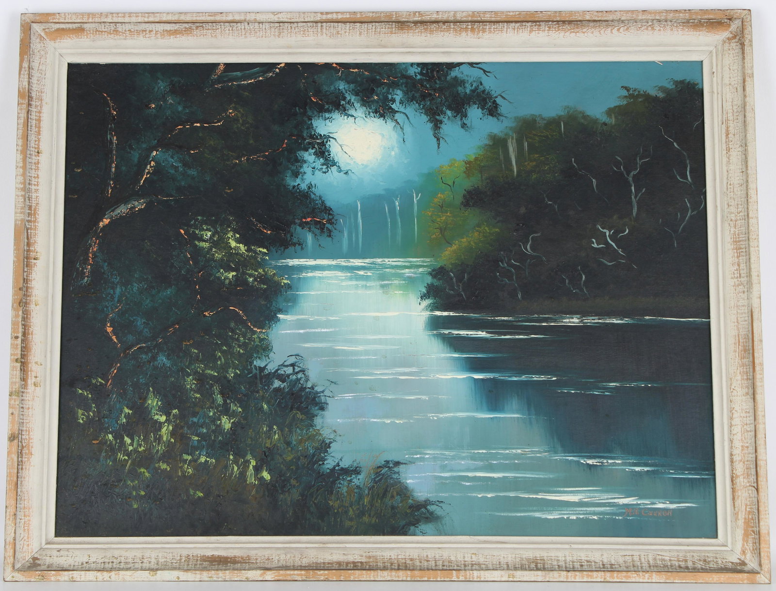 Mary Ann Carroll (B. 1940) Florida Highwayman: Mary Ann Carroll (B. 1940) Early Florida Highwayman moonlit inlet scene. Oil on upson board. Signed lower right. Sight Size: 24 x 32 in. Overall Framed Size: 27 x 35 in.