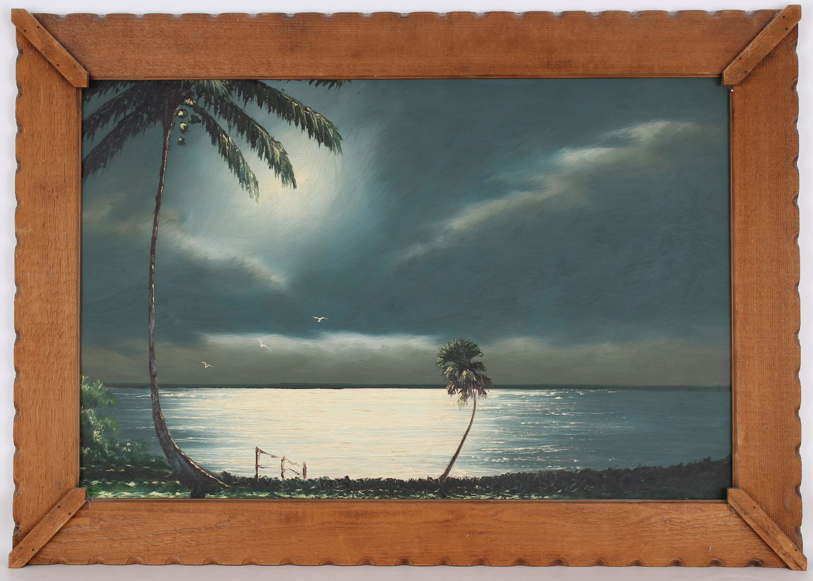 Al Black (B. 1947) Florida Highwayman Painting: Al Black (B. 1947) Florida Highwayman Painting. Oil on upson board. Depicting a moonlit inlet scene with a palm tree near the foreground. Signed lower right. Sight Size: 22 x 34 in. Overall Framed Siz