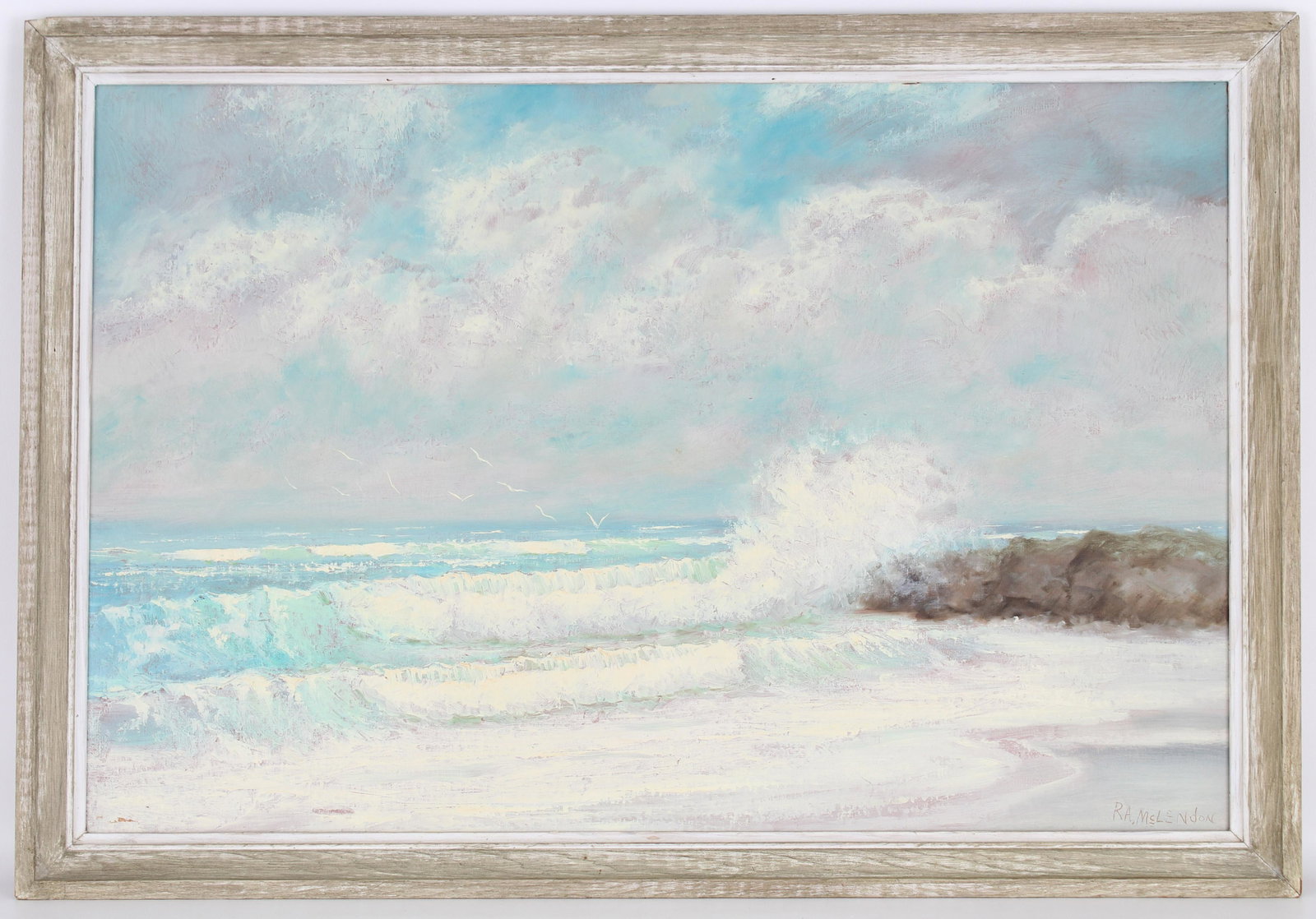 Roy McLendon (B. 1932) Florida Highwayman: Roy McLendon (B. 1932) Florida highwayman coastal painting depicting waves crashing ashore. Signed lower right. Oil on upson board. Inscribed verso on board. Sight Size: 24 x 36 in. Overall Framed Siz