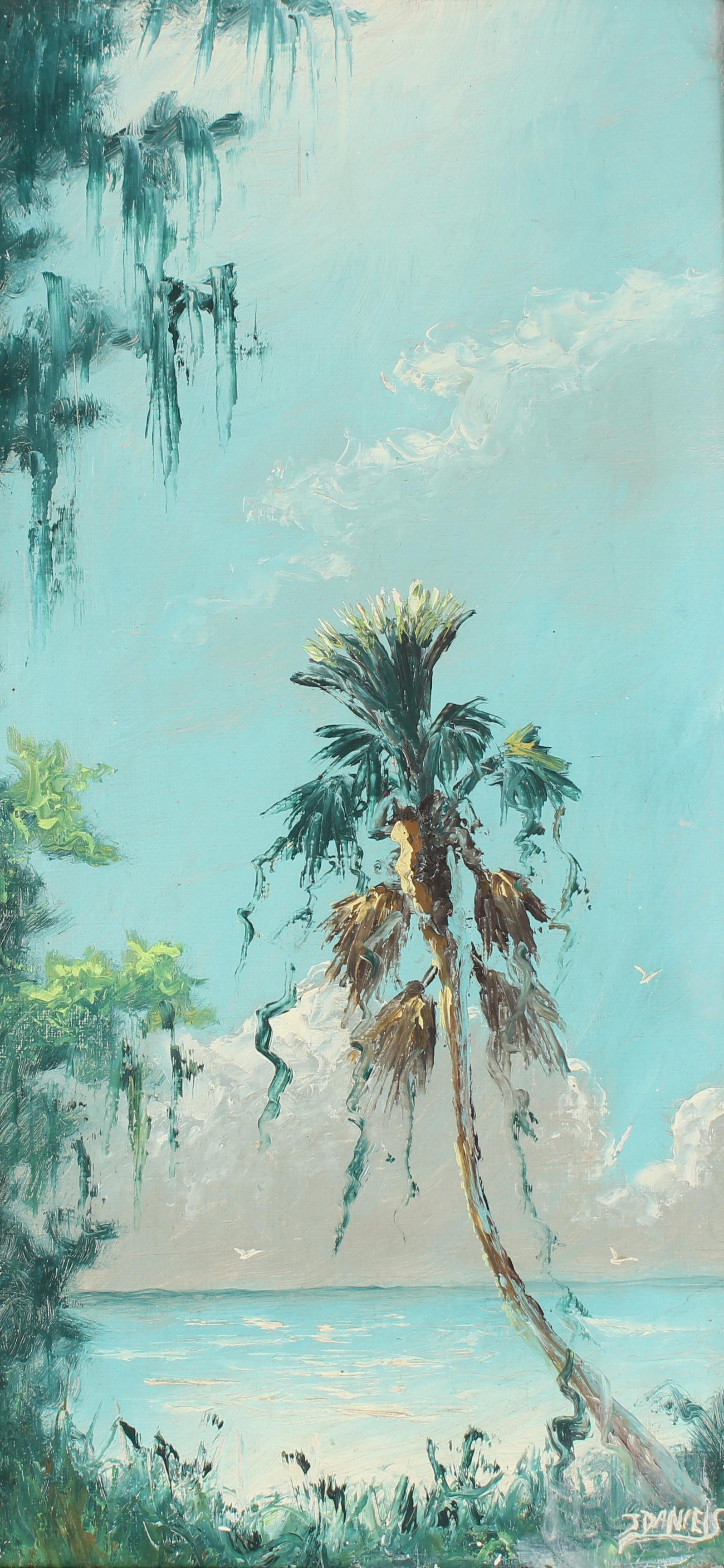 Johnny Daniels (1954 - 2009) Florida Highwayman: Johnny Daniels (Florida, 1954 - 2009) Early Florida Highwayman painting. Oil on upson board. Signed lower right. Sight Size: 24 x 12 in. Overall Framed Size: 26 x 14 in.