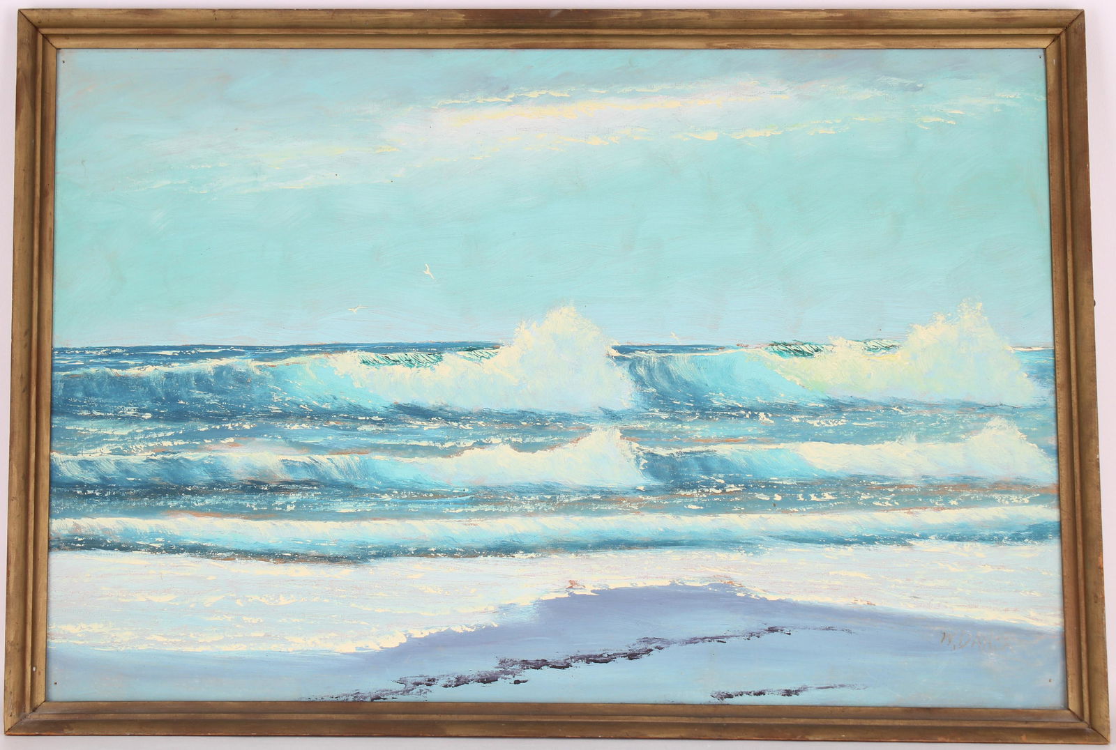 Willie Daniels (B. 1950) Florida Highwayman: Willie Daniels (B. 1950) Early Florida Highwayman painting of waves crashing near a beach. Signed lower right. Oil on upson board. Sight Size: 24 x 36 in. Overall Framed Size: 25.5 x 37.5 in.