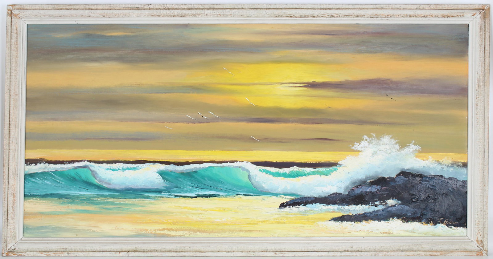 James Gibson (1938 - 2017) Florida Highwayman: James Gibson (1938 - 2017) Large Florida Highwayman painting. Oil on upson board. Signed lower right. Depicting waves crashing at sunset. Sight Size: 24 x 48 in. Overall Framed Size: 26.25 x 51 in.