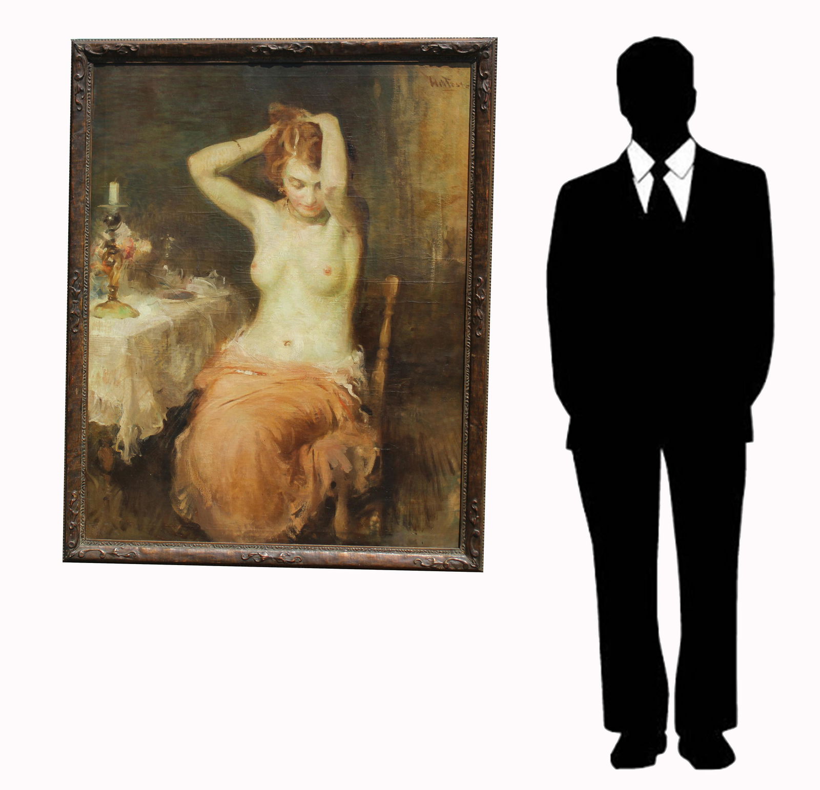 William F Foster (NY, CA, OH, 1883-1953): William Frederick Foster (New York, California, Ohio, 1883 - 1953) Oil on canvas painting of a young semi-nude woman in an interior setting. In the painterly style of William Merritt Chase. Signed upp