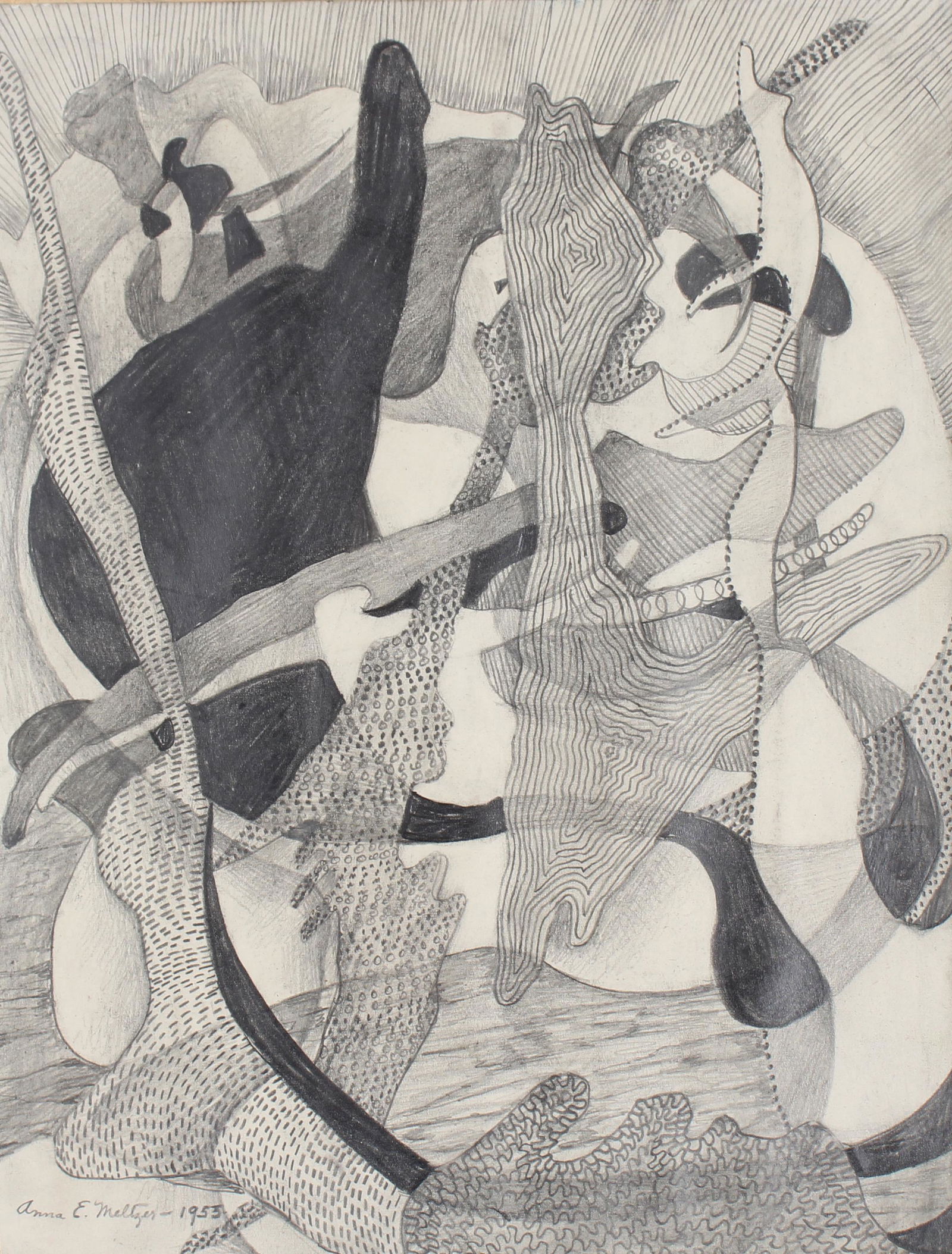 Anna Elkan Meltzer (New York, 1896 - 1975) 1953: Anna E. Meltzer (New York, 1896-1975) 1953 abstract Graphite/Paper. Signed and dated (1953) lower left. Sheet Size: 10 x 7.75 in. Unframed.