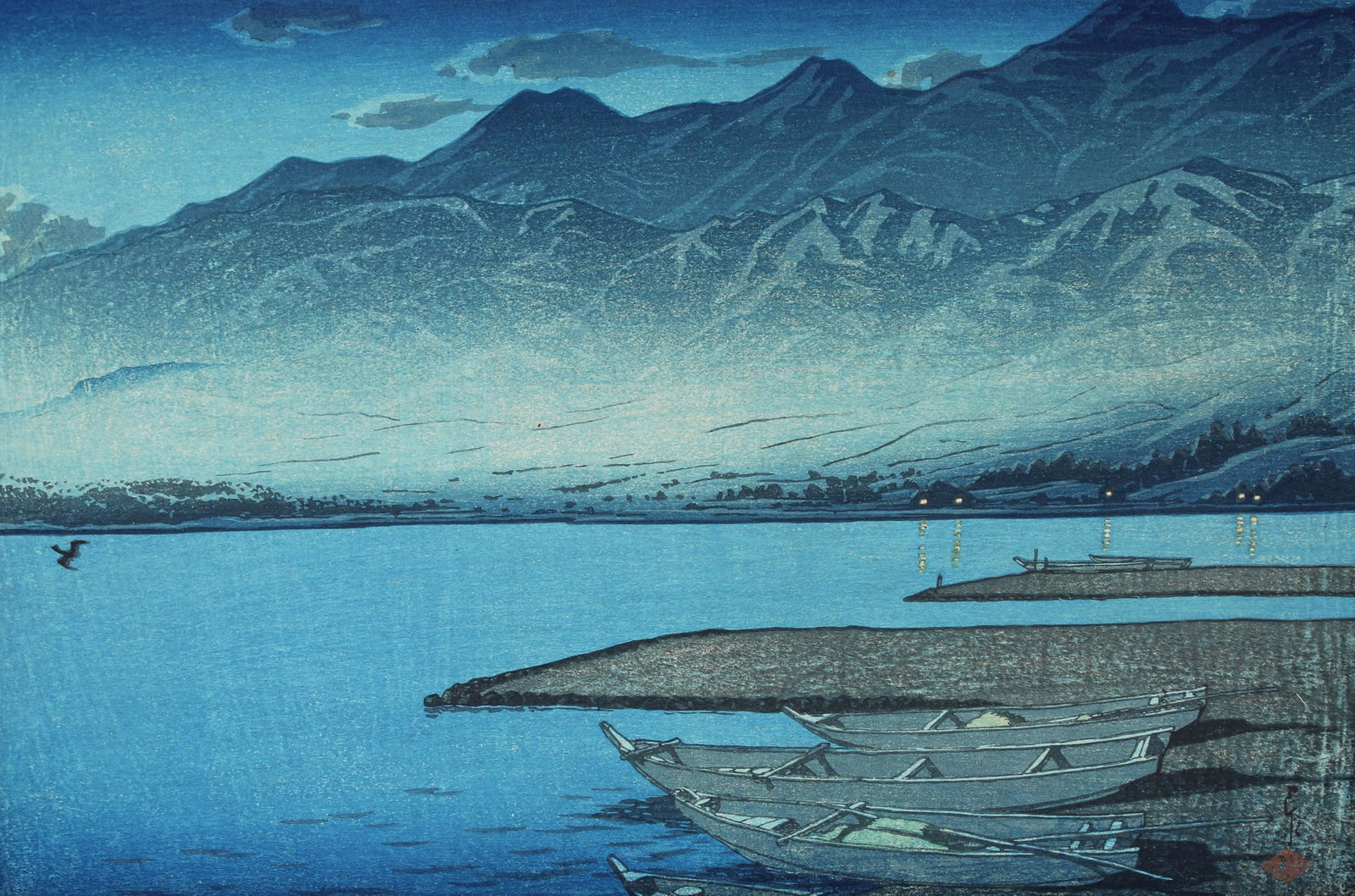 Kawase Hasui (1883-1957) Woodblock: Kawase Hasui (1883-1957) "Moonlight over Lake Kamo, Sado Island", from the series Souvenirs of Travel, Second Series (Tabimiyage dainishu) Woodblock print, signed Hasui, with pre-earthquake seal Kawas