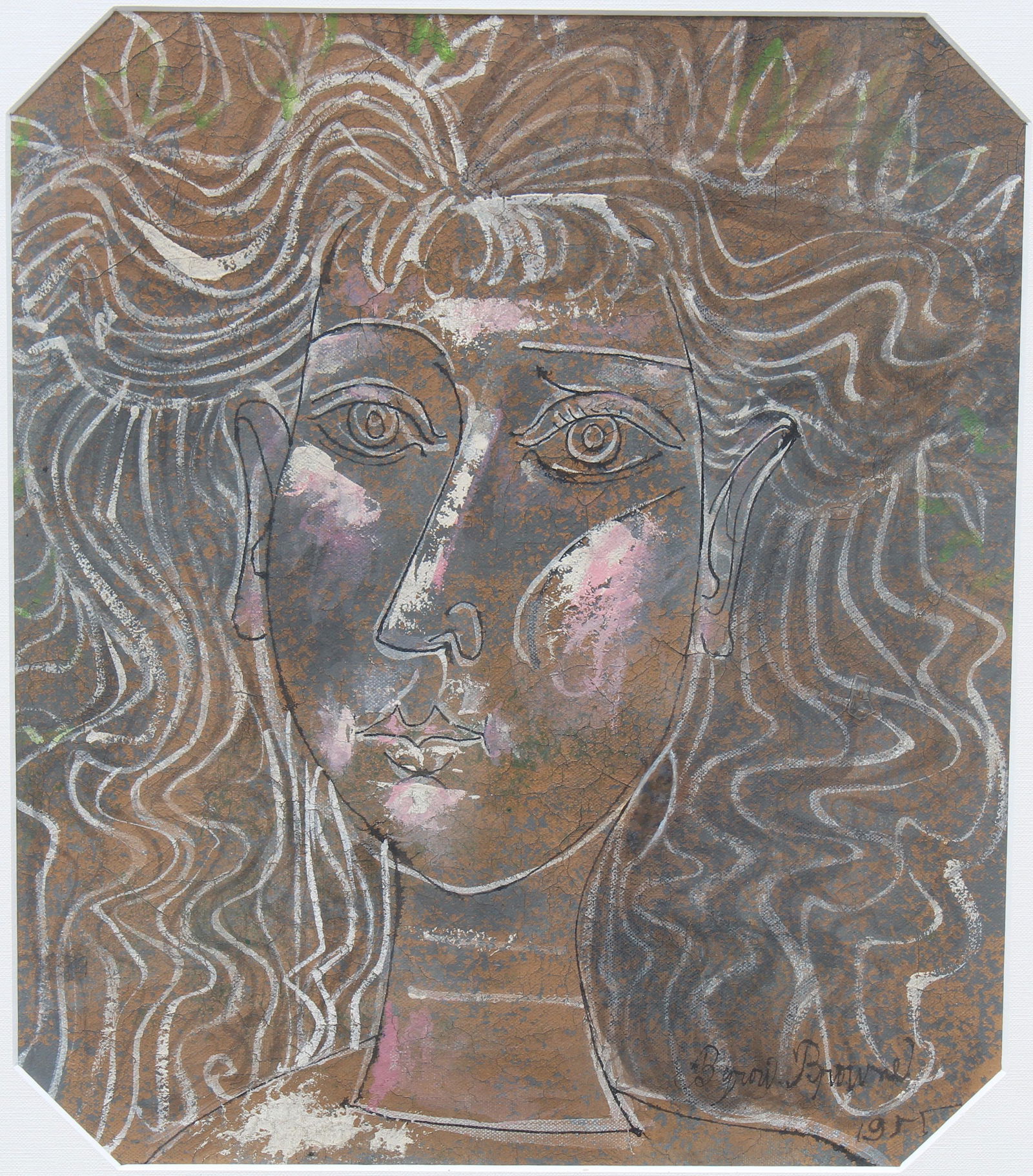 Byron Browne (American, 1907-1961): Byron Browne (American, 1907-1961) Signed and dated (1955) lower right. Oil Painting of a Face. Image Size: 14 x 12 in. Overall Framed Size: 19.25 x 17.25 in. Framed behind glass.