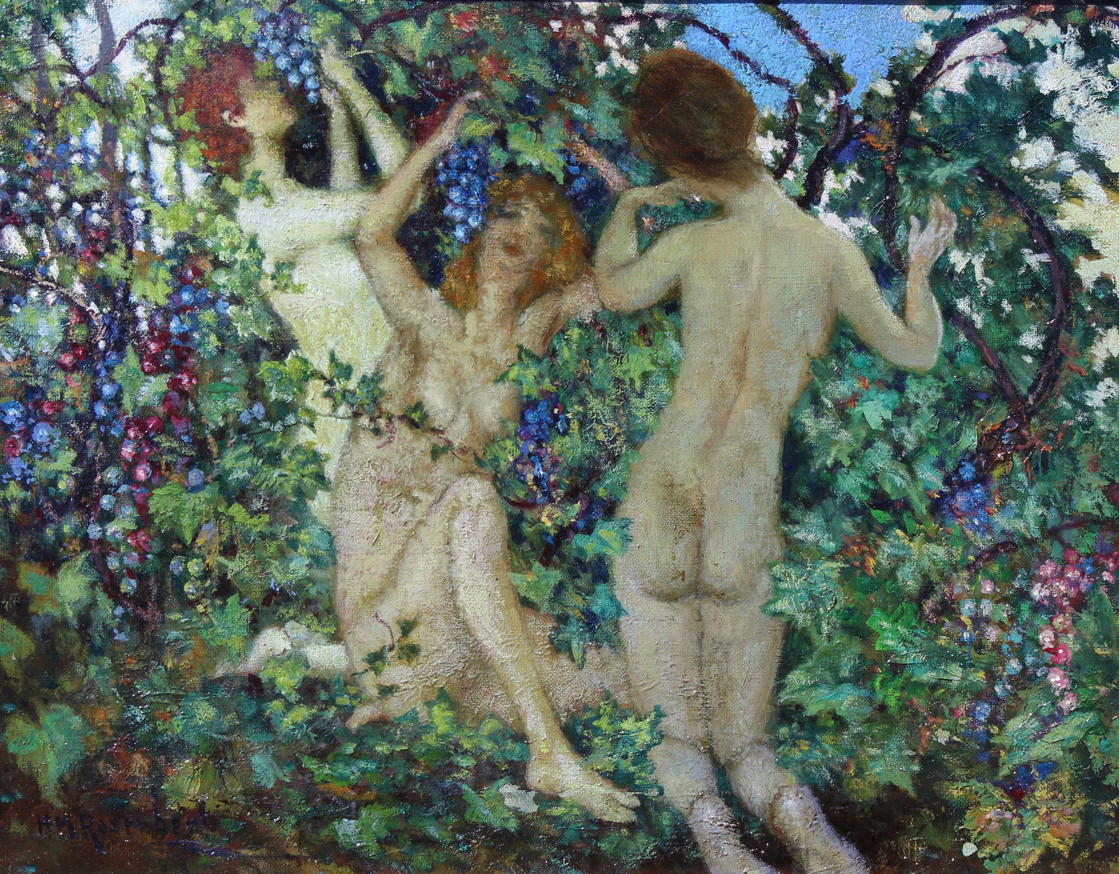 Henry Rosenberg (1858 - 1947) "Fruit of the Vine": Henry Mortikar (Mortecai) Rosenberg (1858 - 1947) "Fruit of the Vine" Signed lower left. Oil on Canvas. Label verso on stretcher. Henry Rosenberg was an American painter and print maker during the end