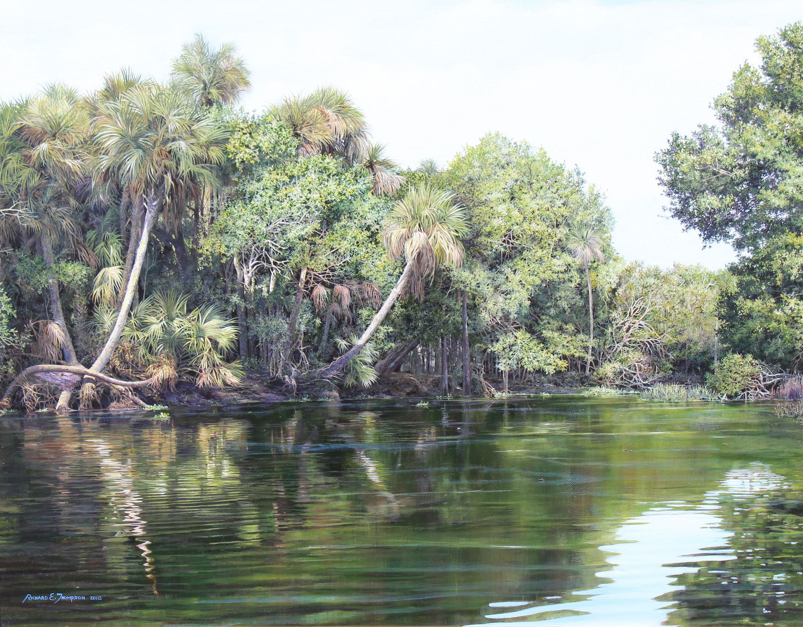 Richard E. Thompson (Florida, 20th-21st c.): Richard E. Thompson (20th-21st c.) Florida riverscape painting. Oil on Canvas. Signed and dated (2018) lower left. Sight Size: 24 x 30 in. Overall Framed Size: 29 x 35 x 1.5 in.