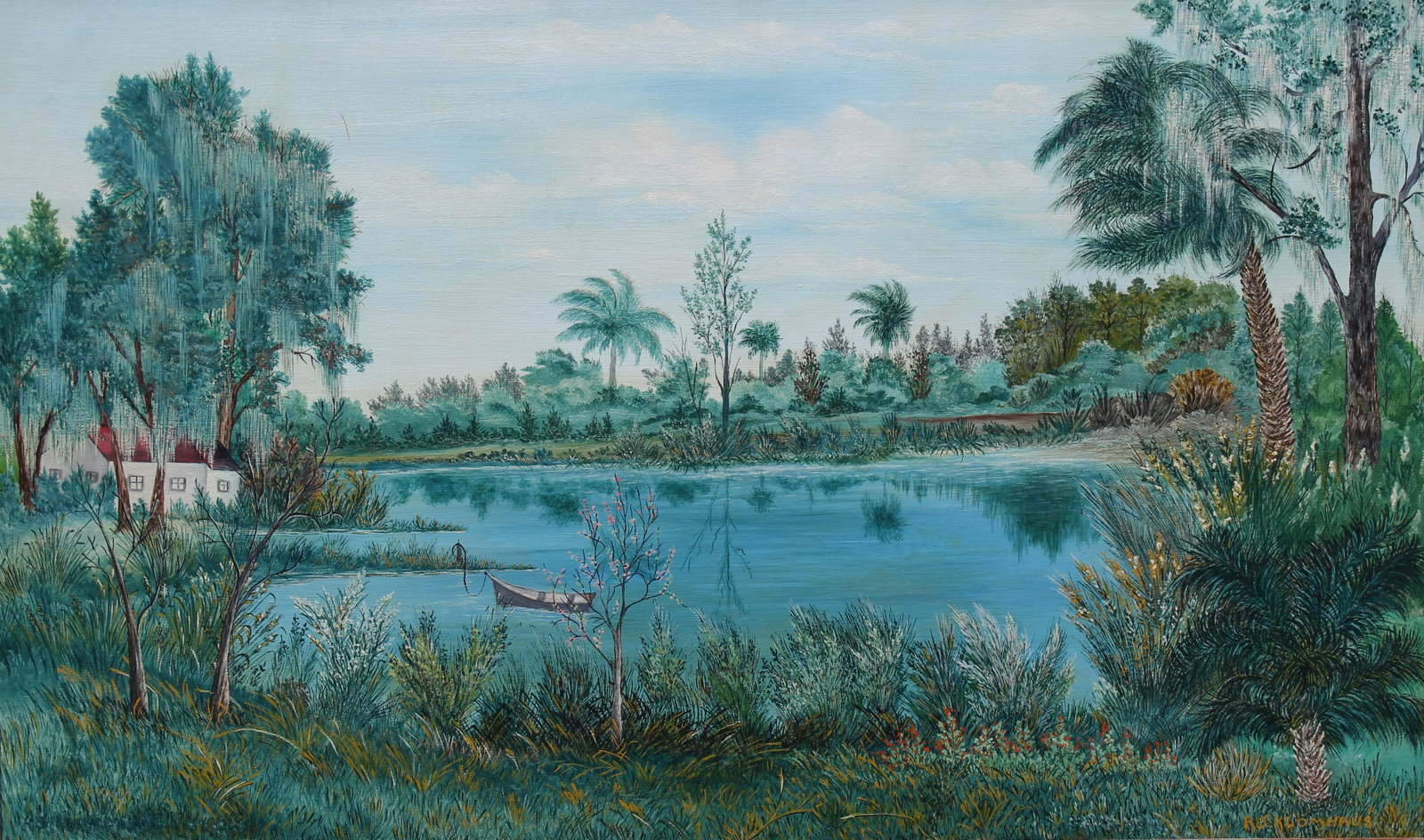 Rynhold J. Klomhaus (20th C.) "Morel Lake" Florida: Rynhold J. Klomhaus (Florida, 20th C.) "Morel Lake, New Smyrna Beach, FL" Oil on Board. Signed lower right. Old label verso. Sight Size: 24 x 40 in. Overall Framed Size: 29 x 45 x 1 in.