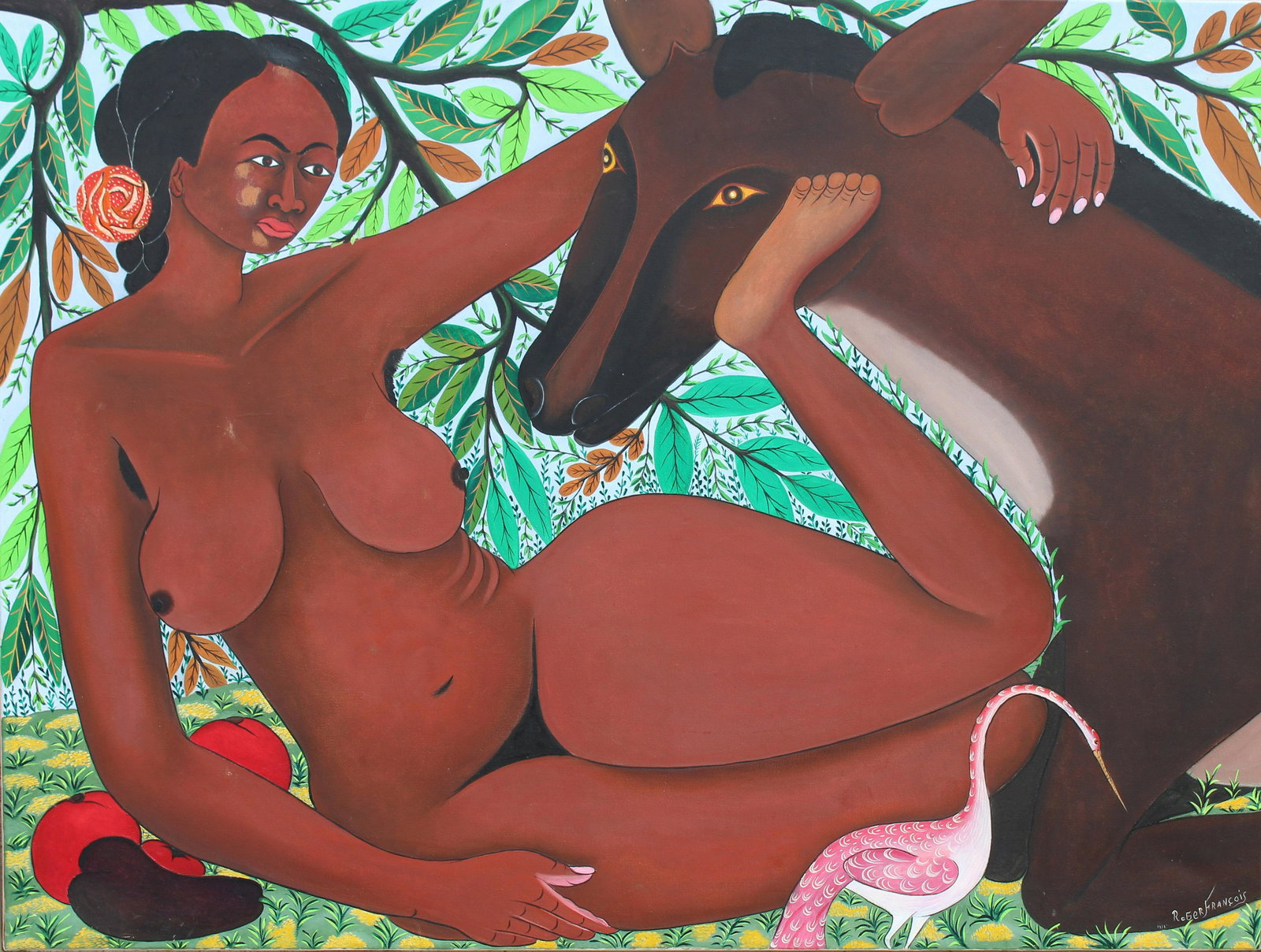 Roger Francois (1928 - 2013) Voodoo Painting: Roger Francois (Haitian, 1928 - 2013) Voodoo Painting of nude woman with animals. Acrylic on Canvas. Signed lower right. Sight Size: 36 x 47.75 in. Overall Framed Size: 38.25 x 50.25 in.
