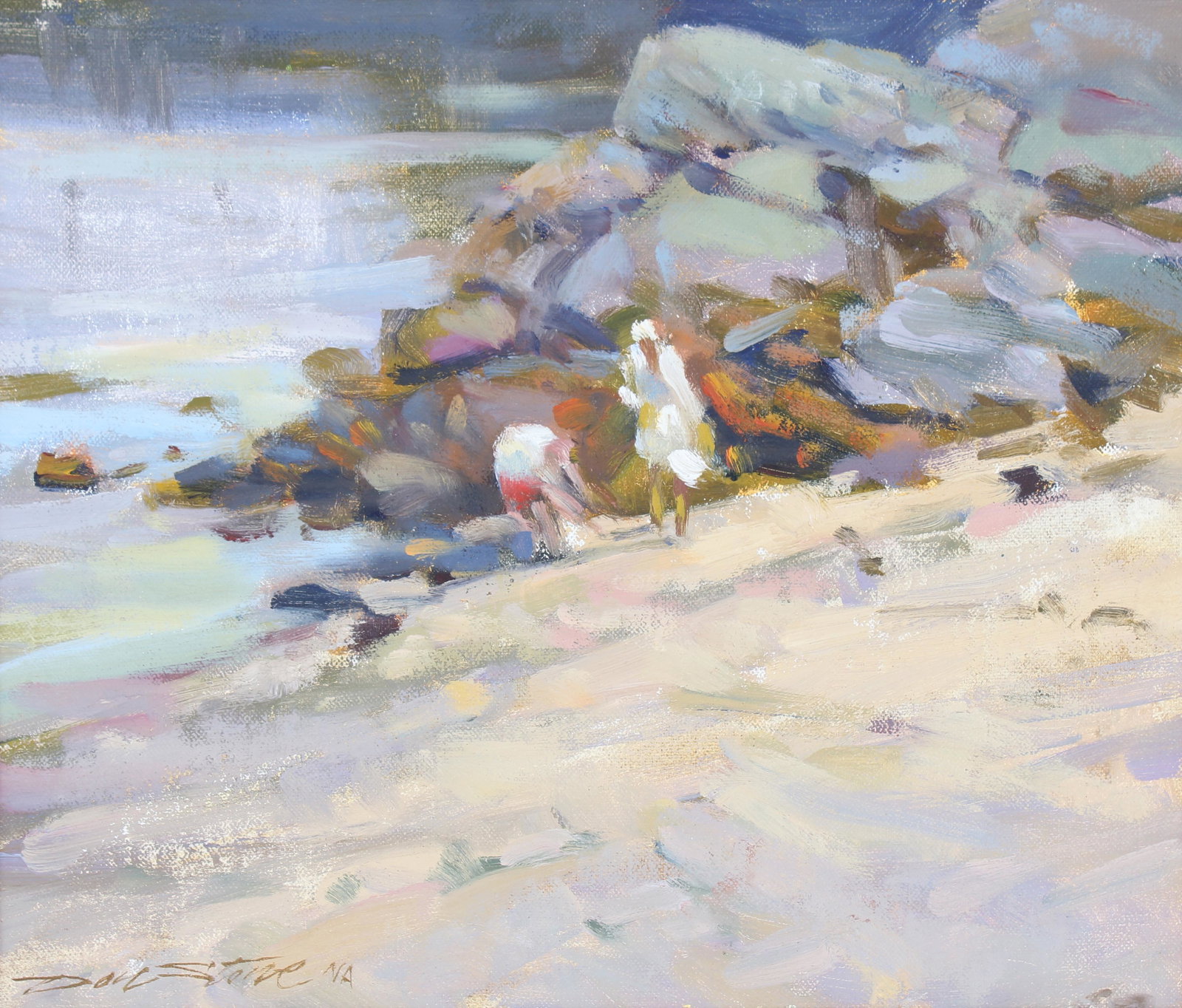 Don Stone (1929-2015) "Fish Beach, Monhegan": Don Stone (American, 1929-2015) "Fish Beach, Monhegan" Oil on Board. Signed lower left. Titled and dated (7/11/11) verso. Sight Size: 9.75 x 11.5 in. Overall Framed Size: 11 x 12.75 in.