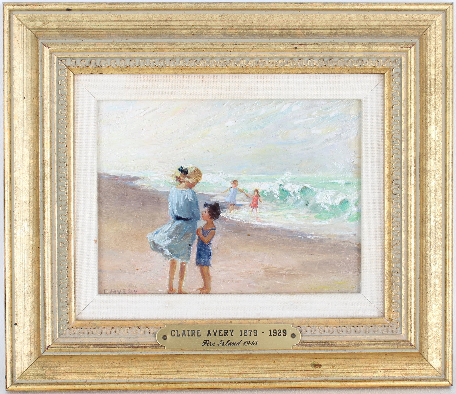 Claire Avery (French, 1879-1929) Fire Island 1913: Claire Avery (French, 1879-1929) "Beach Scene" (Fire Island circa 1913) Oil on Board. Signed lower left. Provenance: Purchased from the personal estate of Thomas Morrow and Elizabeth Post in '92. Sigh