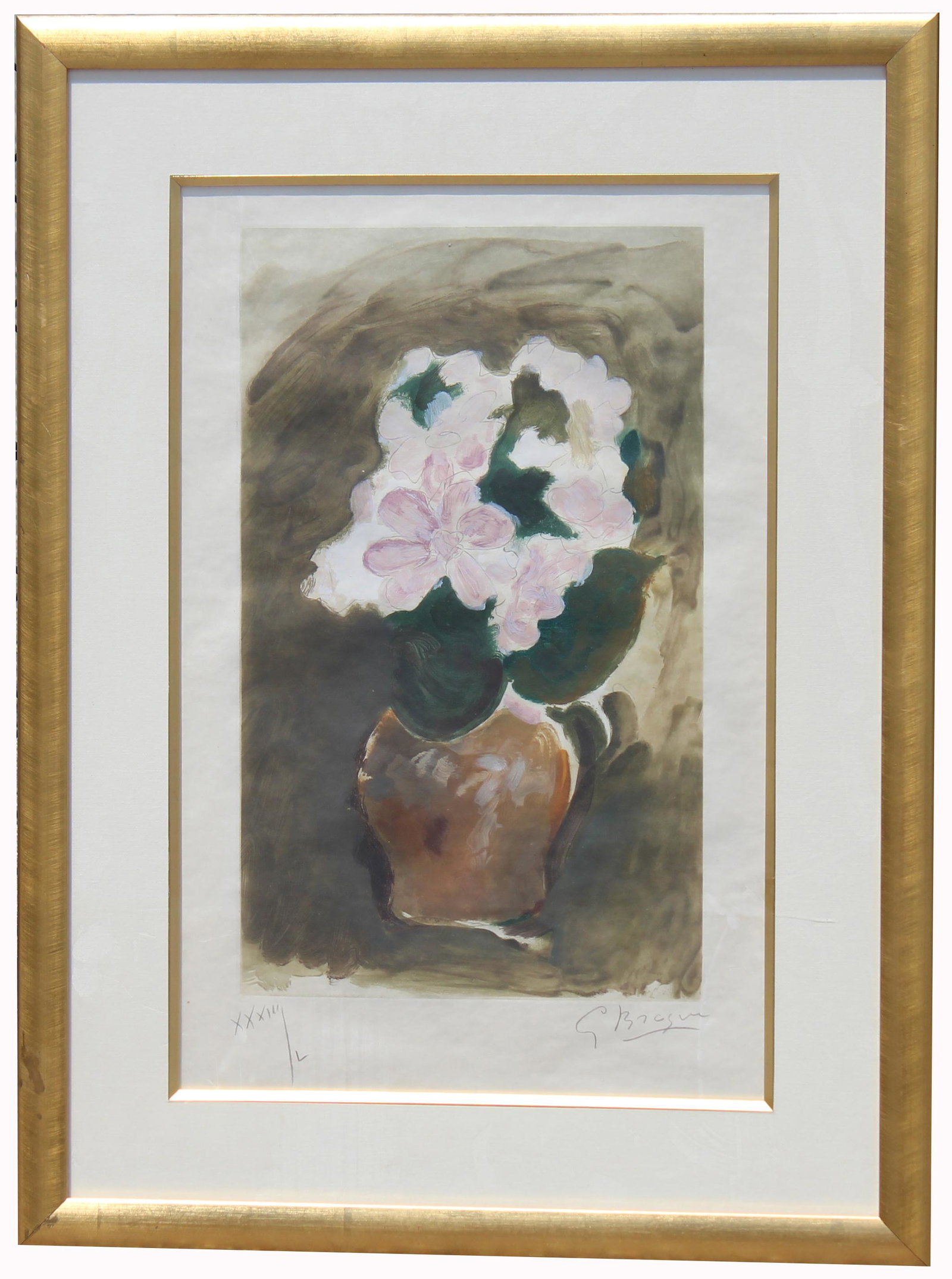 Georges Braque Pencil Signed Etching/Aquatint: Georges Braque (1882 - 1963) "Les Fleurs Violets (Purple Flowers)", c. 1960 Pencil Signed Color Etching and Aquatint. Pencil signed and numbered (XXXIII/L) in lower margin. Image Size: 18.5 x 11.5 in.