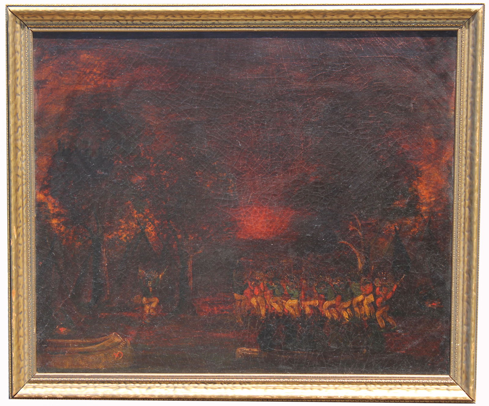 Attr. Ralph Albert Blakelock (1847 - 1919): Attributed Ralph Albert Blakelock (1847 - 1919) Oil on canvas painting depicting a night time encampment scene with indians. Bearing signature lower right. Has not been examined out of the frame. Sigh