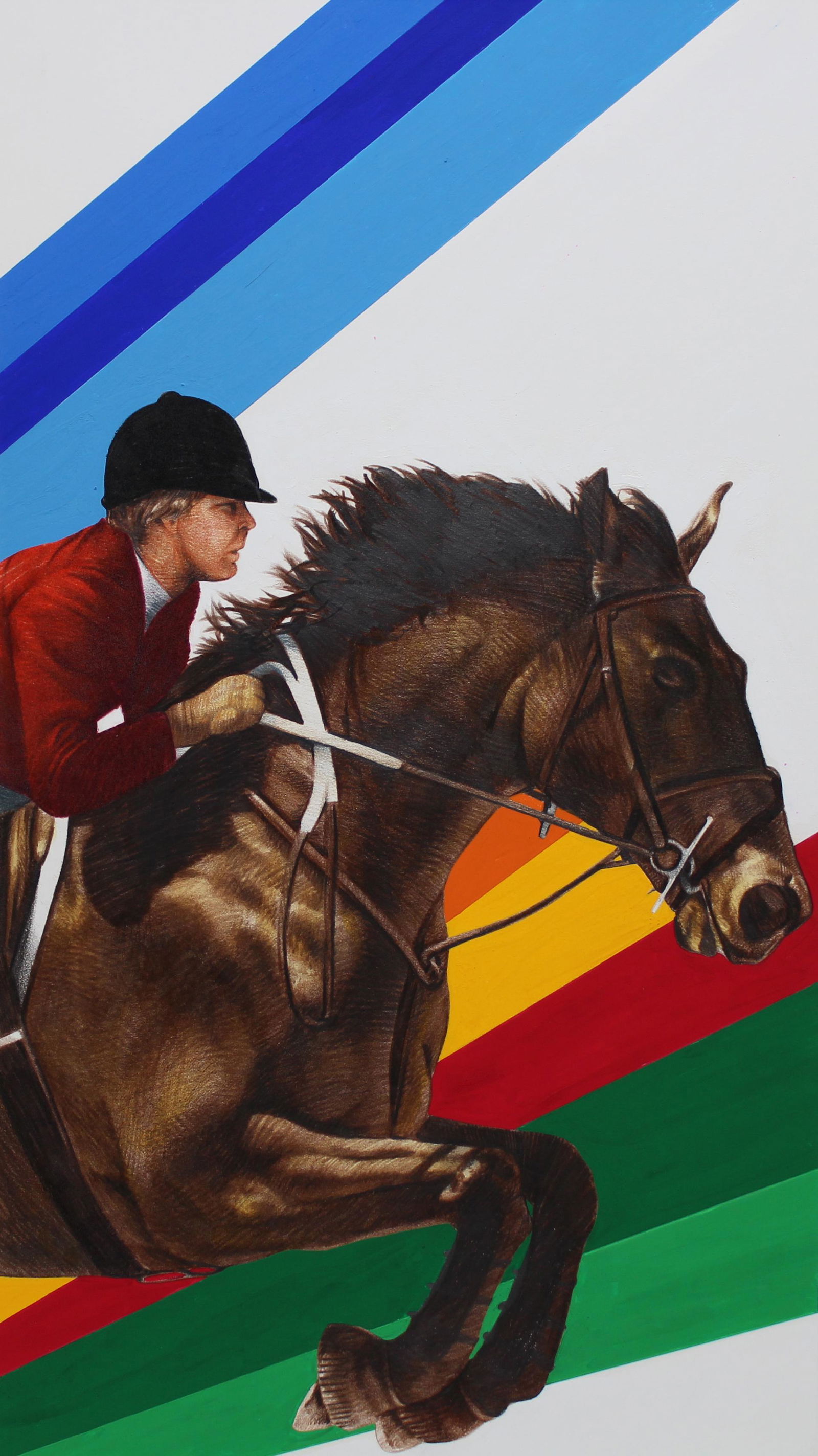 Chris Calle (B. 1961) "Equestrian" Original: Chris Calle (American, B. 1961) "Olympic Centennial Games - Equestrian" Signed lower right. Mixed Media on Illustration Board. Provenance: Collection of James A. Helzer (1946-2008), Founder of Unicove