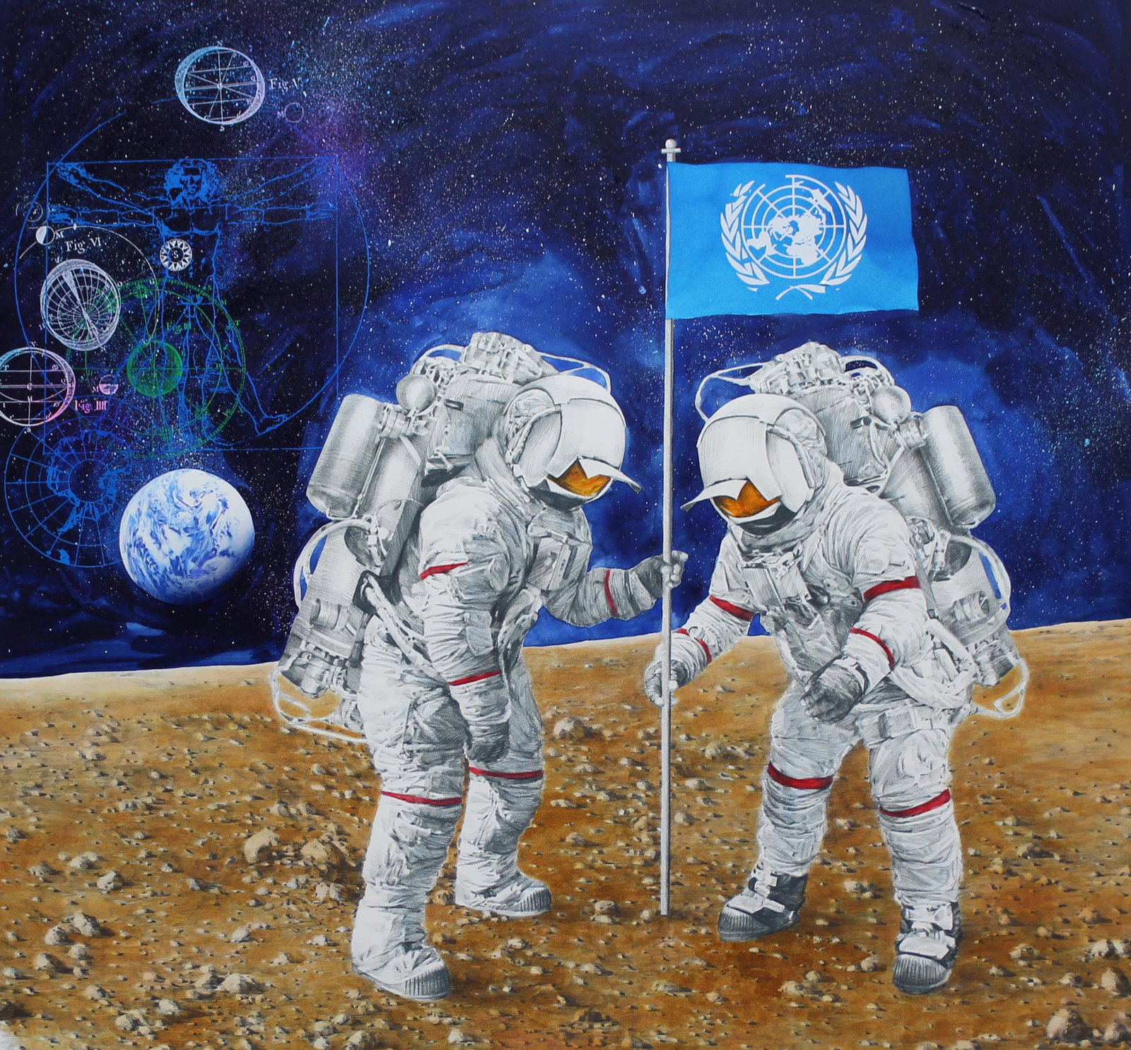 Chris Calle (B 1961) "Astronauts Planting UN Flag": Chris Calle (American, B. 1961) "Astronauts Planting U.N. Flag on Planet" Signed lower right. Original Mixed Media painting on Illustration Board. Provenance: Collection of James A. Helzer (1946-2008)