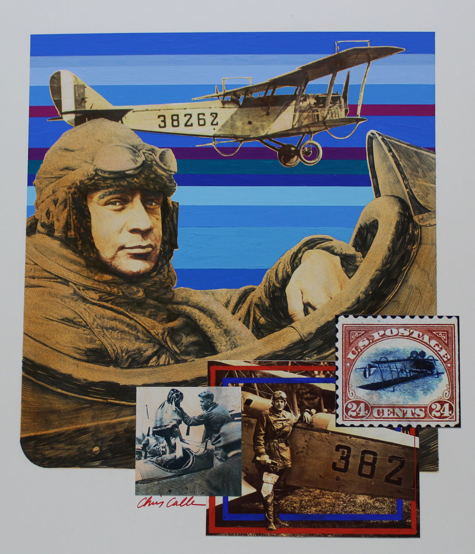 Chris Calle (B. 1961) "Bi-Plane" Original: Chris Calle (American, B. 1961) "Bi-Plane" Signed lower center. Mixed Media on Illustration Board. Provenance: Collection of James A. Helzer (1946-2008), Founder of Unicover Corporation. This painting