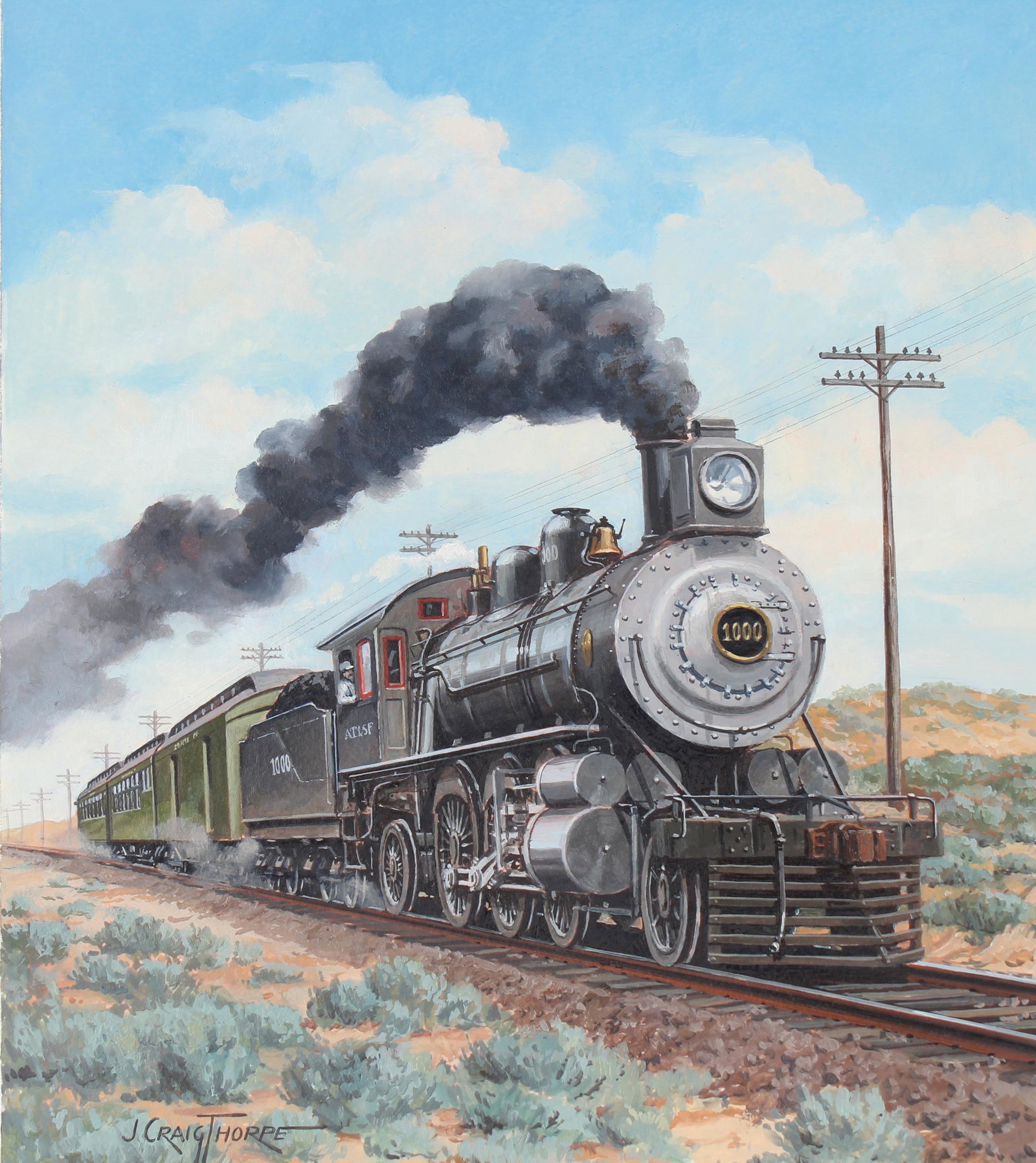 J. Craig Thorpe (B. 1948) "New Mexico Locomotive": J. Craig Thorpe (American, B. 1948) "New Mexico Locomotive" Signed lower left. Original oil painting on Paper. Provenance: Collection of James A. Helzer (1946-2008), Founder of Unicover Corporation. T