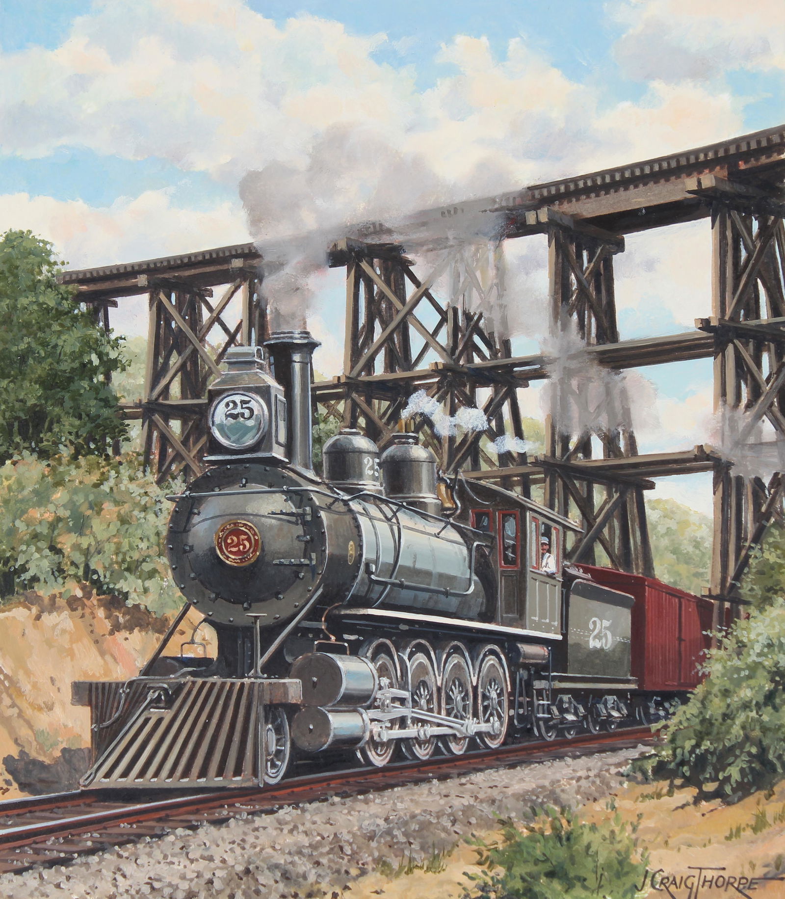 J. Craig Thorpe (B. 1948) "Tennessee Locomotive": J. Craig Thorpe (American, B. 1948) "Tennessee Locomotive" Signed lower right. Original Oil painting on Paper. Provenance: Collection of James A. Helzer (1946-2008), Founder of Unicover Corporation. T