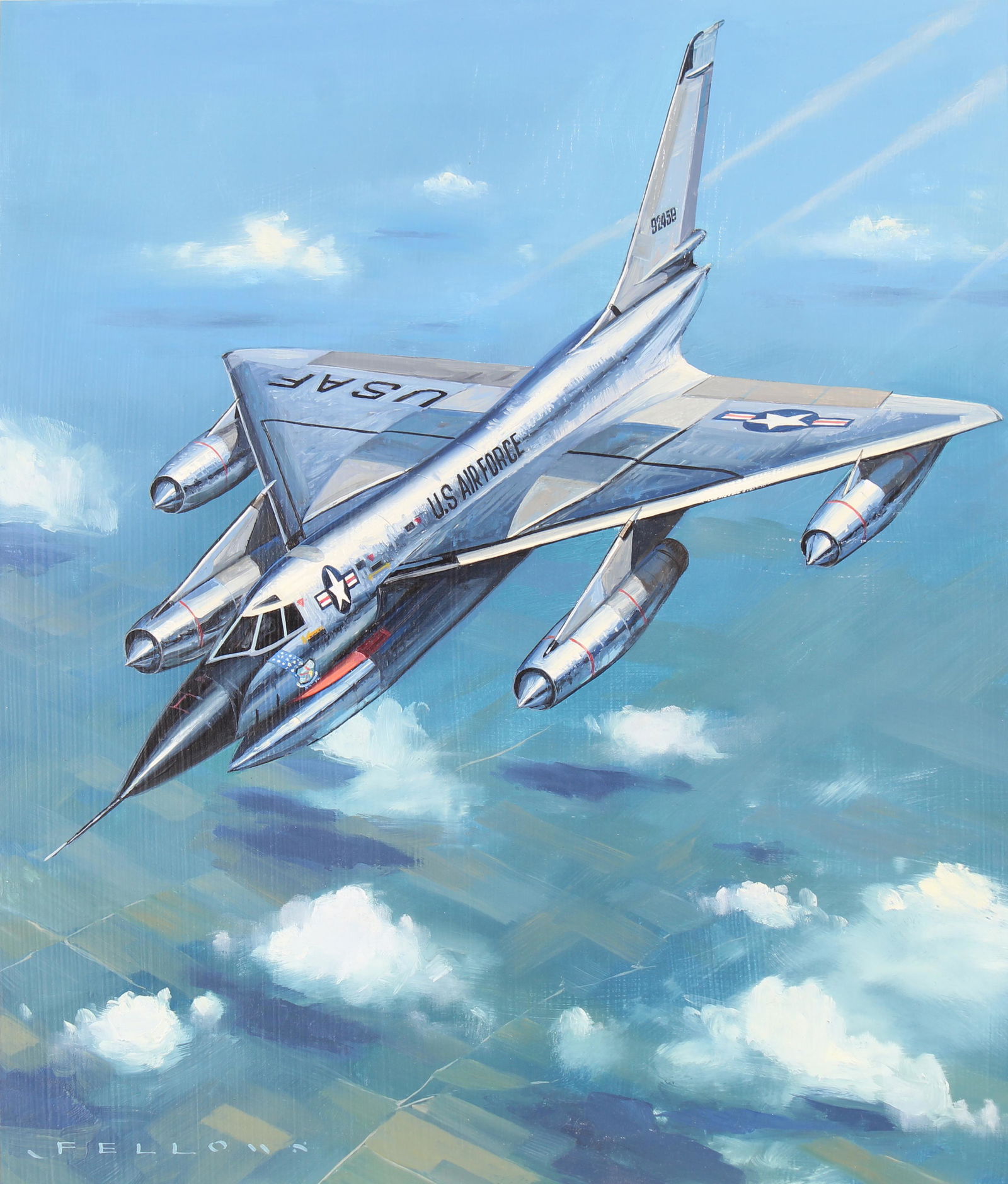 Jack Fellows (B. 1941) "B-58 Hustler" Oil: Jack Fellows (American, B. 1941) "B-58 Hustler" Signed lower left. Original Oil painting on Masonite. Provenance: Collection of James A. Helzer (1946-2008), Founder of Unicover Corporation. This paint