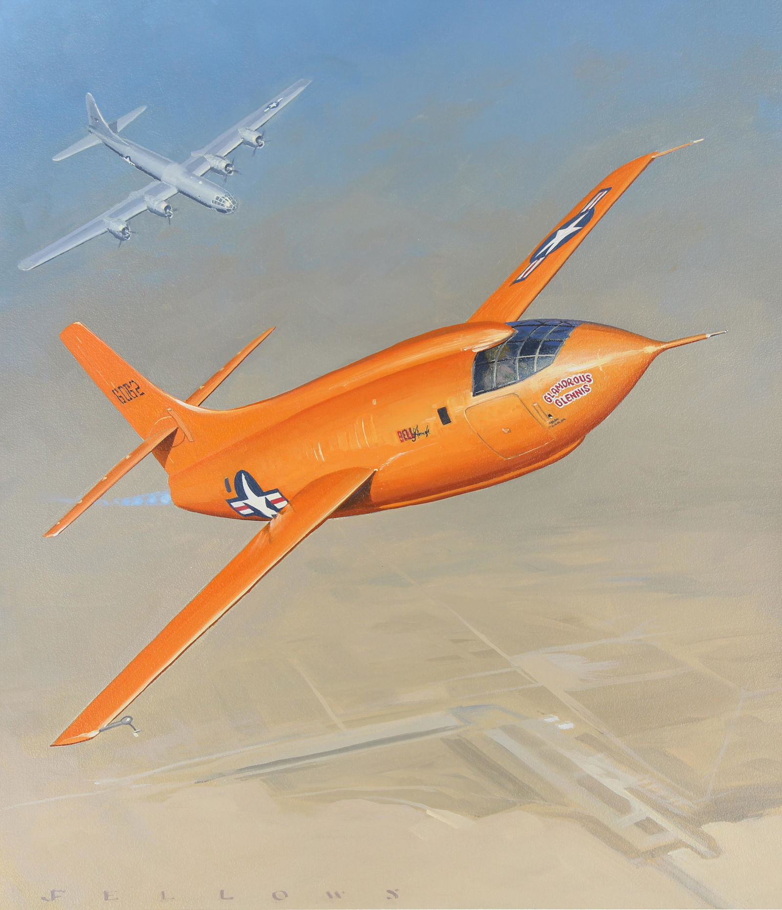 Jack Fellows (B. 1941) "1947 Bell X-1" Original: Jack Fellows (American, B. 1941) "1947 Bell X-1" Signed lower left. Original Oil painting on Masonite. Provenance: Collection of James A. Helzer (1946-2008), Founder of Unicover Corporation. This pain