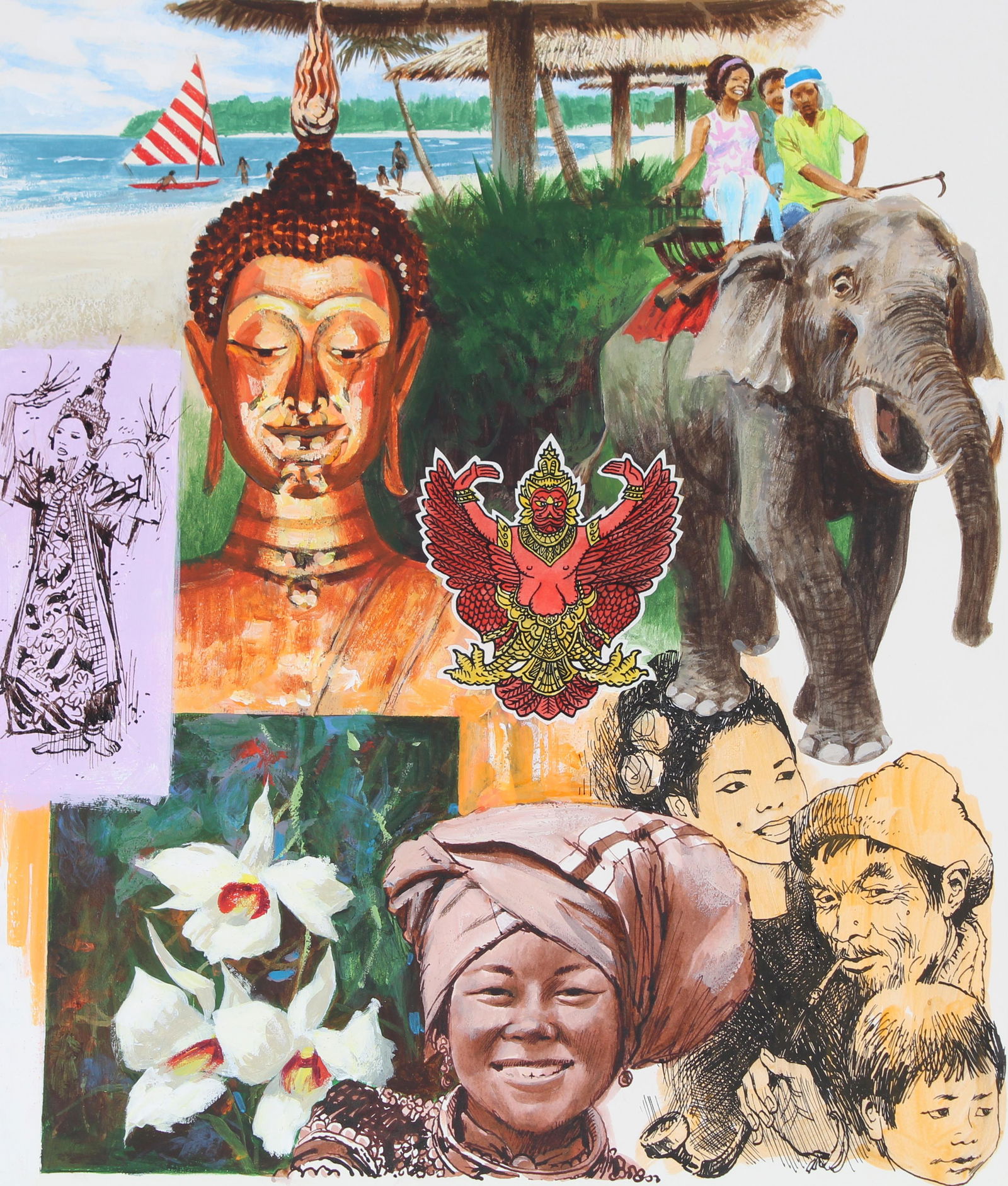 Mel Crawford (B. 1925) "Thailand" Original: Mel Crawford (Canadian, B. 1925) "Thailand" Signed lower left. Original Mixed Media painting on Illustration Board. Provenance: Collection of James A. Helzer (1946-2008), Founder of Unicover Corporati