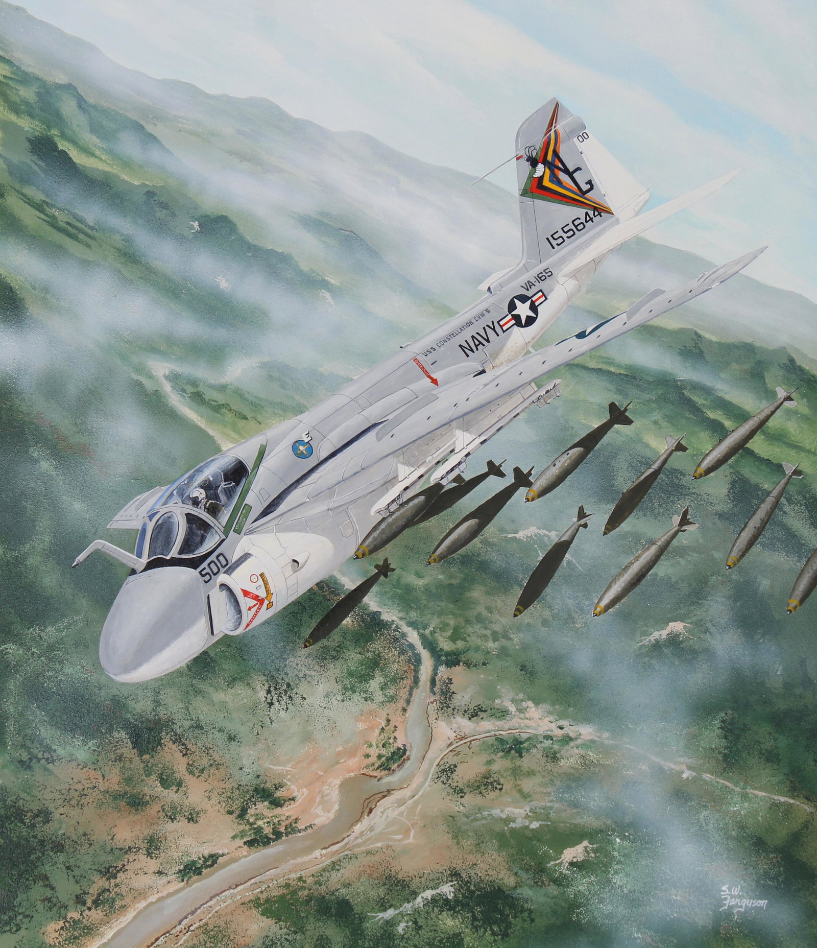 Steve Ferguson (B. 1946) "A-6 Intruder" Original: Steve Ferguson (American, B. 1946) "A-6 Intruder" Signed lower right. Original Acrylic painting on Cold Press Illustration Board. Provenance: Collection of James A. Helzer (1946-2008), Founder of Unic