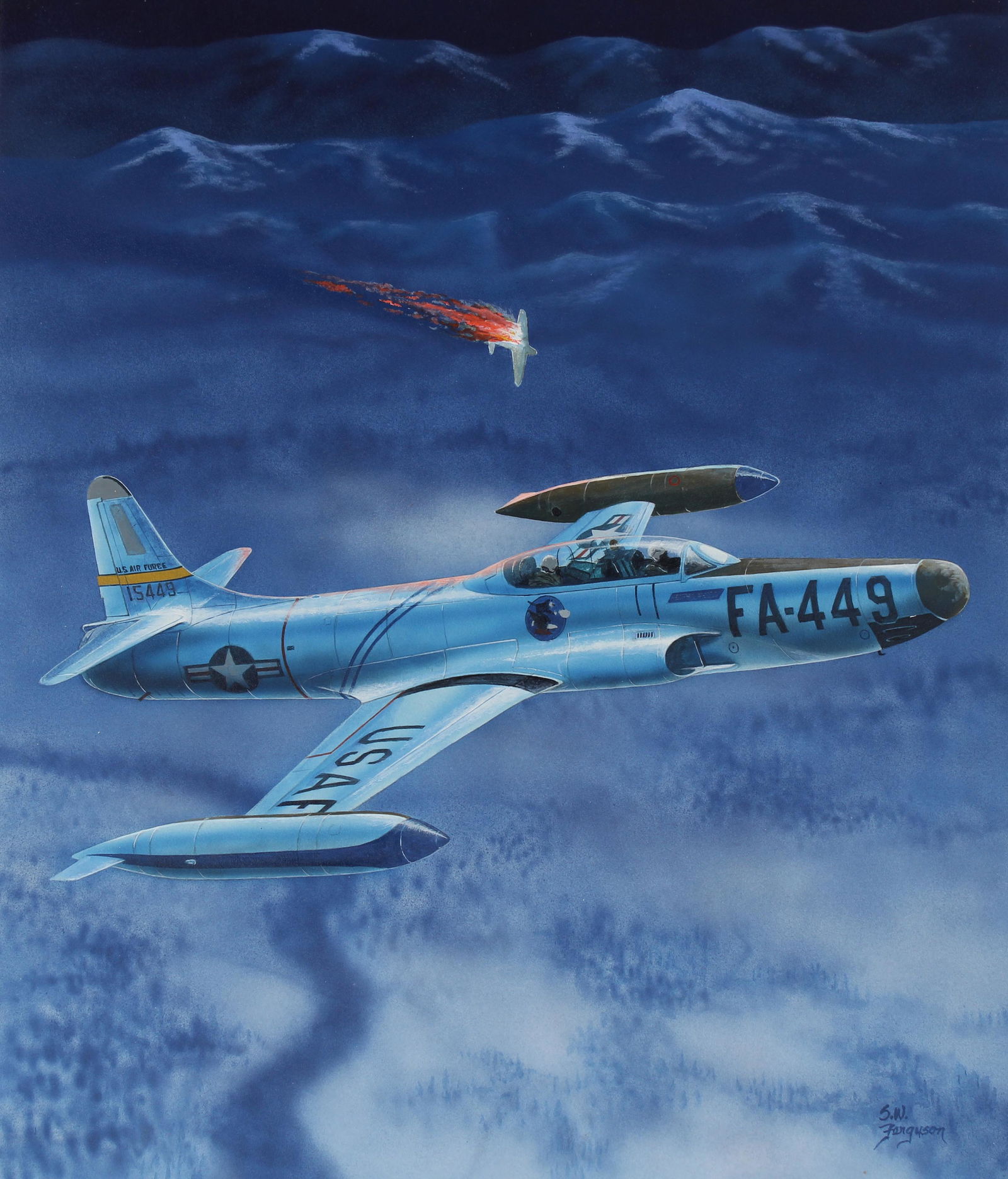 Steve Ferguson (B. 1946) "F-94B Starfire" Original: Steve Ferguson (American, B. 1946) "F-94B Starfire" Signed lower right. Original Mixed Media painting on Cold Press Illustration Board. Provenance: Collection of James A. Helzer (1946-2008), Founder o
