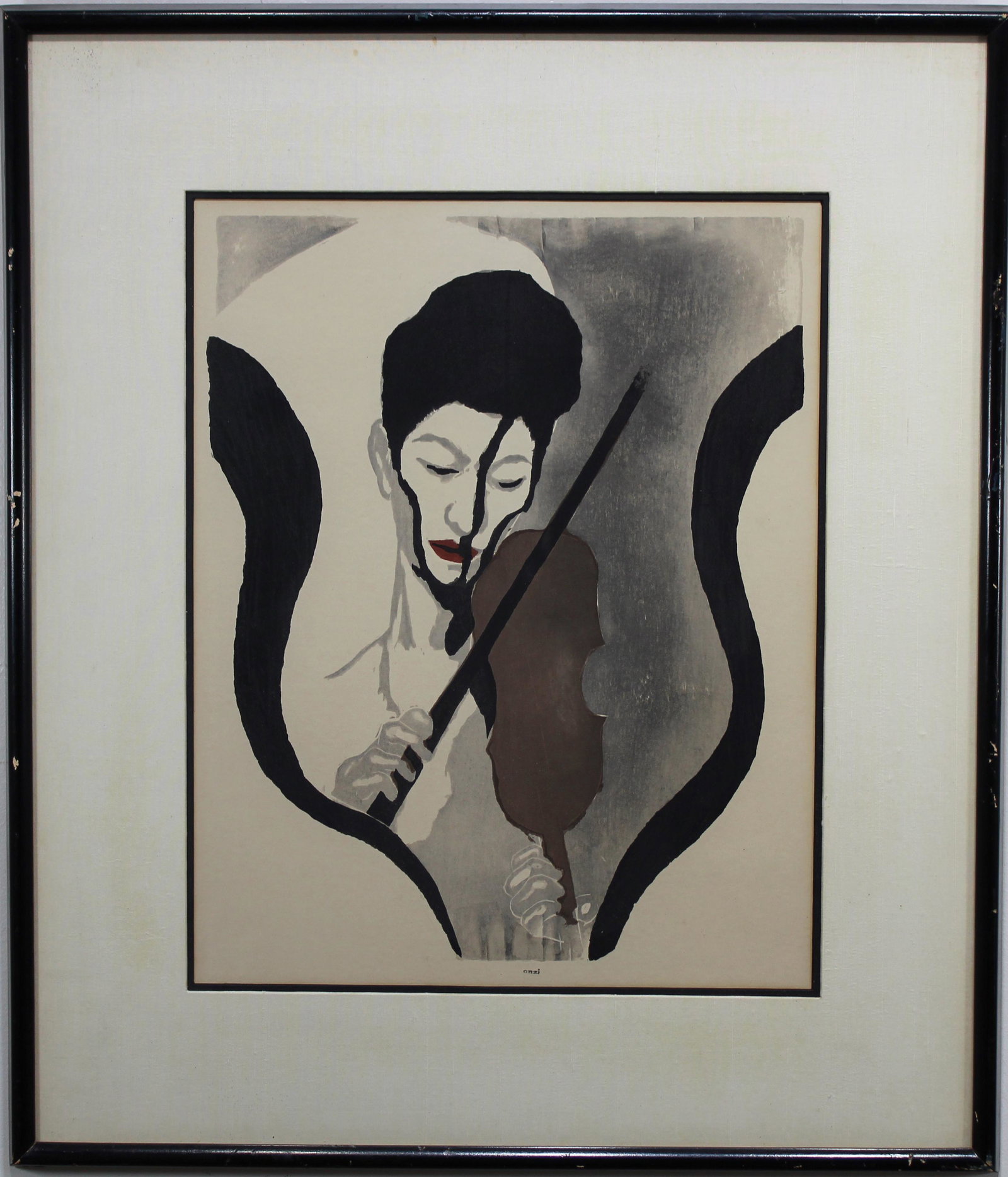 Koshiro Onchi (1891 - 1955): Japanese woodblock print of the artist Koshiro Onchi 1947 self printed original edition of Miss Suwa Nejiko, titled "Impression of a Violinist", signed Onzi, title & information on reverse side. Sight