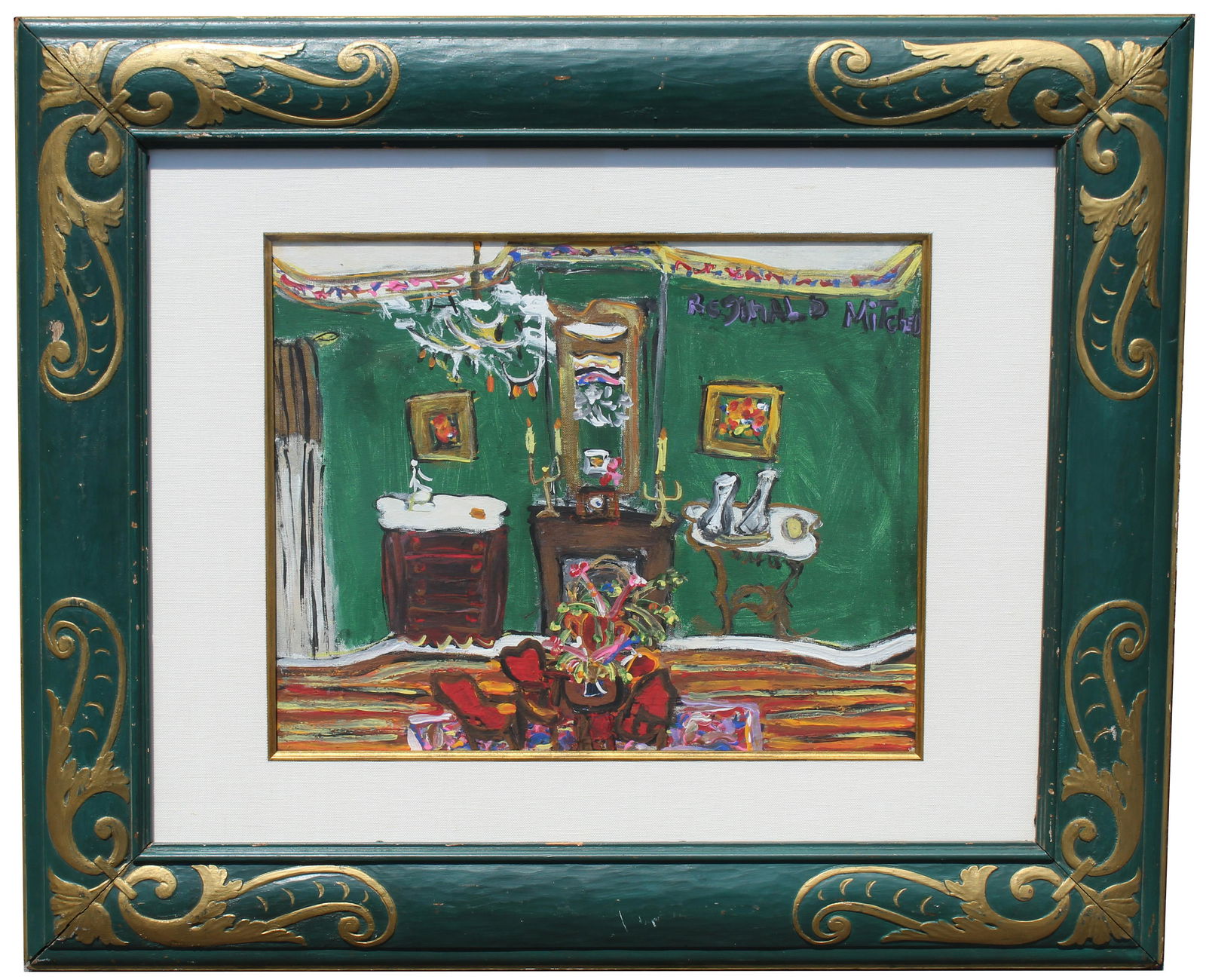 Reginald Mitchell (B. 1959): Reginald Mitchell (B. 1959). Oil on Canvas Board. Purchased from Jeanine Taylor Folk Art in Sanford, FL. Sight Size: 15.5 x 19.75 in. Overall Framed Size: 29.5 x 35.5 in. Framed behind glass.