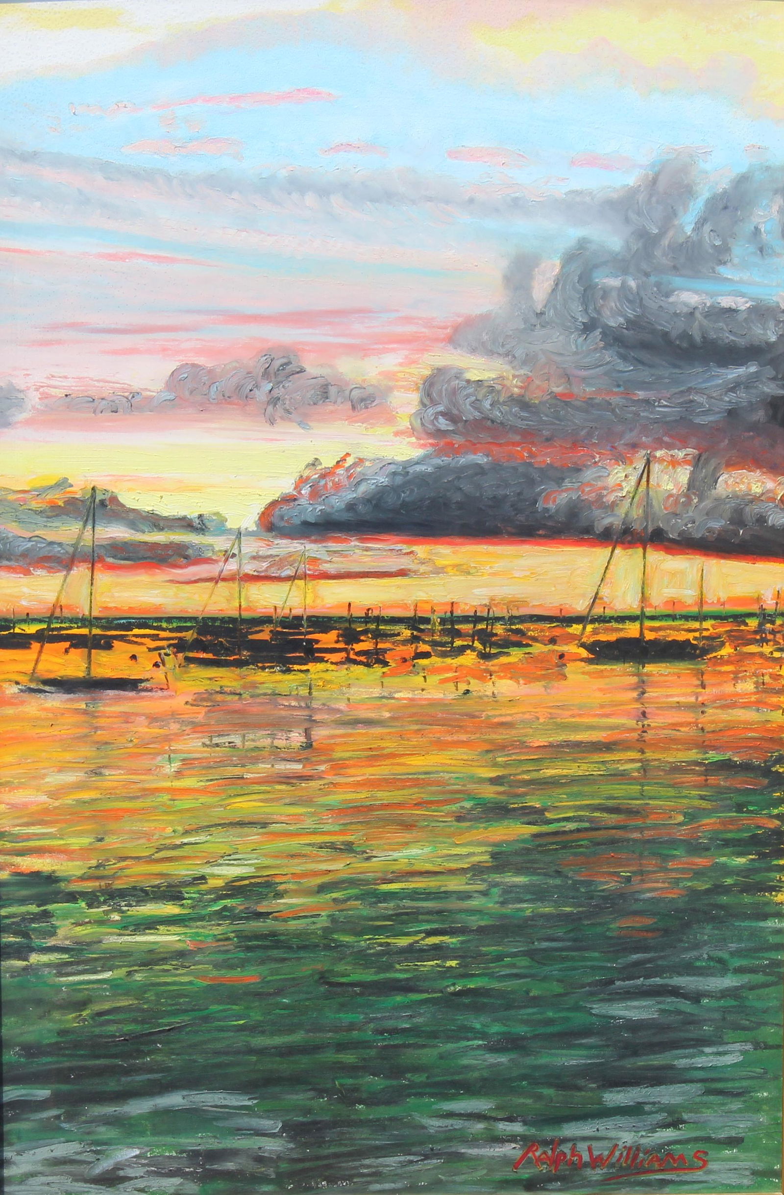 Ralph Williams (20th C.) "Sunset Over Watch Hill": Ralph Williams (20th C.) "Sunset Over Watch Hill Harbor" Signed lower right. Oil/Pastel on Panel. Sight Size: 22.5 x 14.5 in. Overall Framed Size: 28.5 x 20.5 in. Framed behind glass.