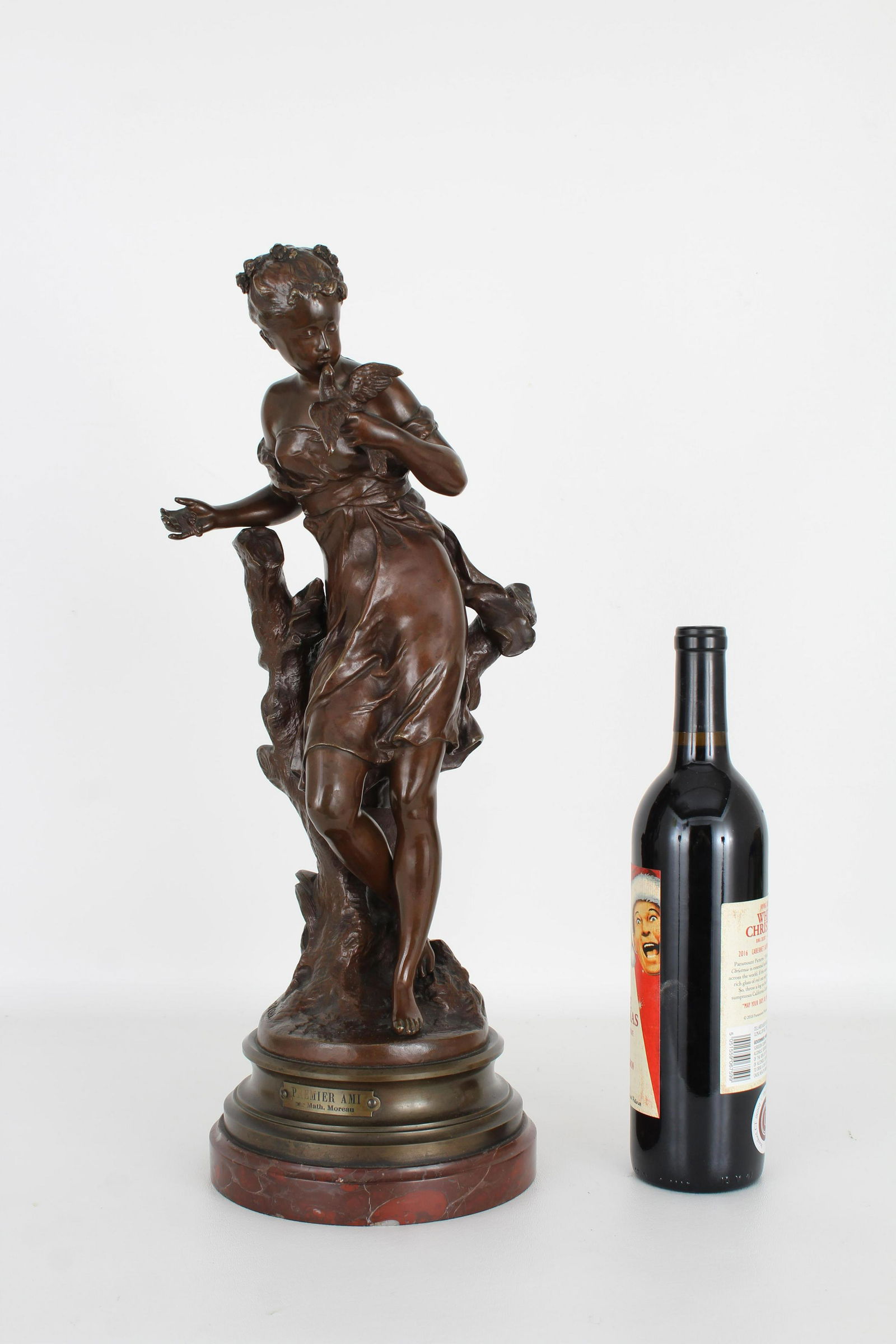 Mathurin Moreau (French, 1822-1912) "First Friend": Mathurin Moreau (French, 1822-1912) Bronze, Titled "First Friend" with name plate on lower portion near the base. Signed on base. Dimensions: 19.5 x 7 x 9 in. Approx. Weight: 20 lbs.