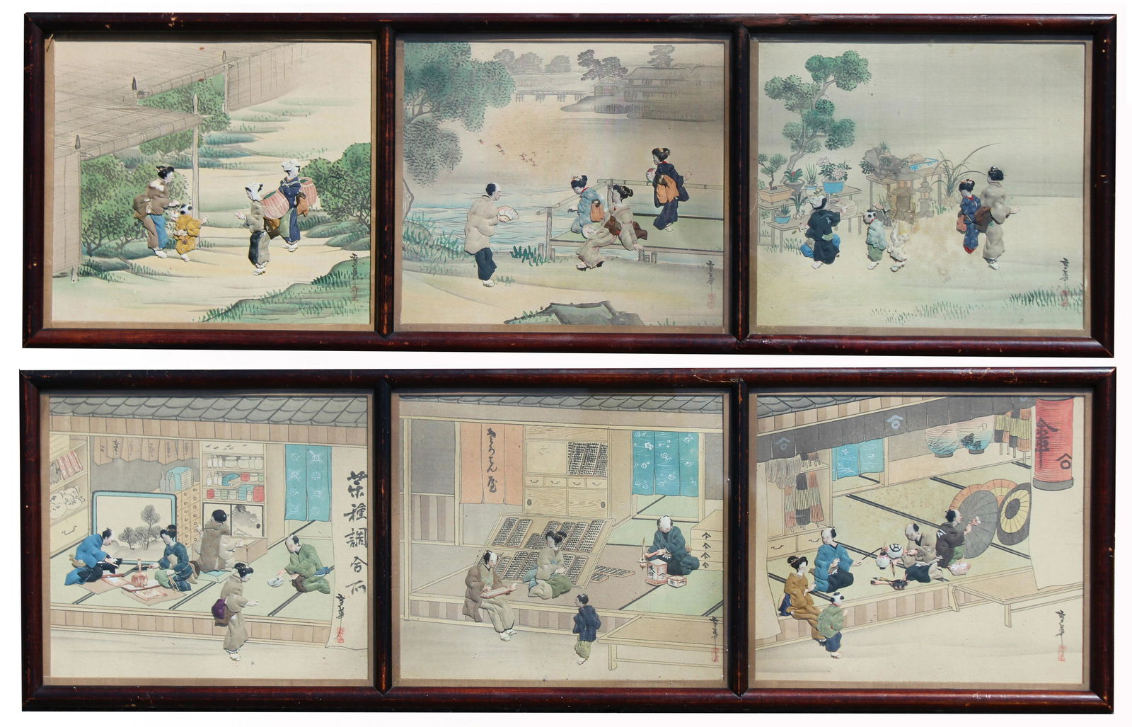 (2) Chinese Applied Embroidery Triptychs: (2) Chinese Applied Embroidery Triptychs. Each marked with red chop mark in lower portion. Overall Framed Size: 38 x 12 in.