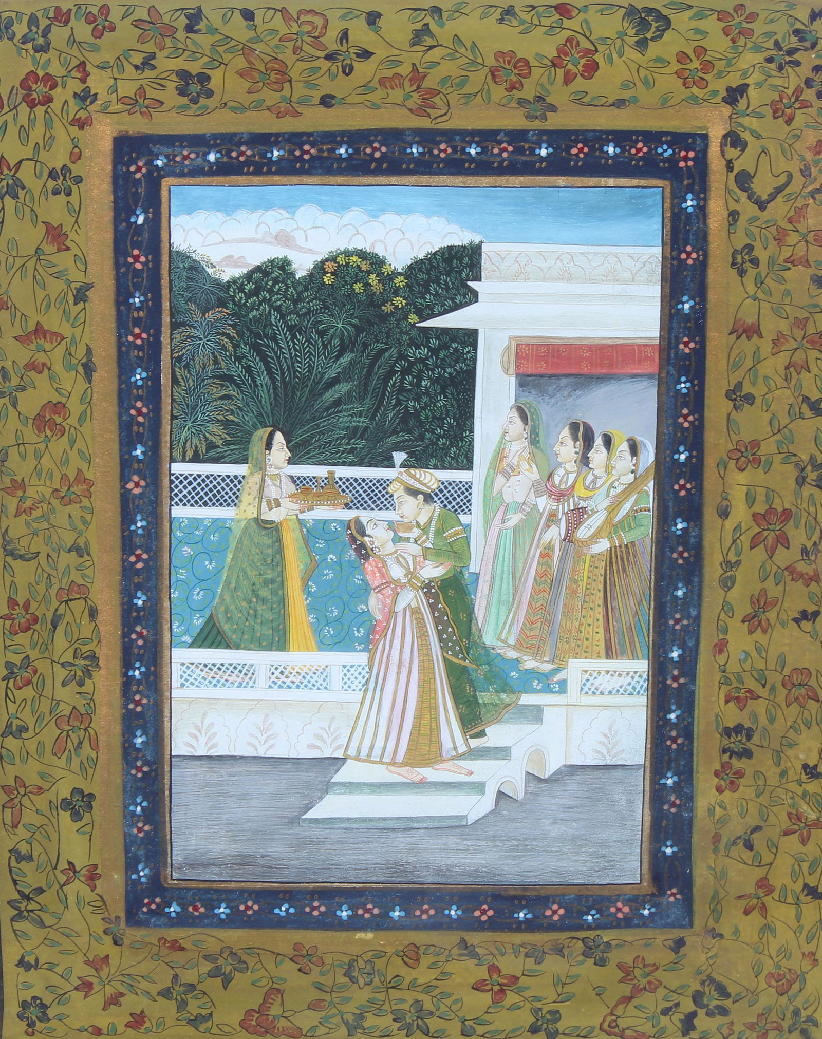 20th C. Peshawar Indian Miniature Gouache Painting: Early 20th C. Peshawar Indian Miniature Gouache Painting titled "The Royal Couple" Sight Size: 9 x 6 in. Overall Framed Size: 24.5 x 20 in. Framed behind glass.