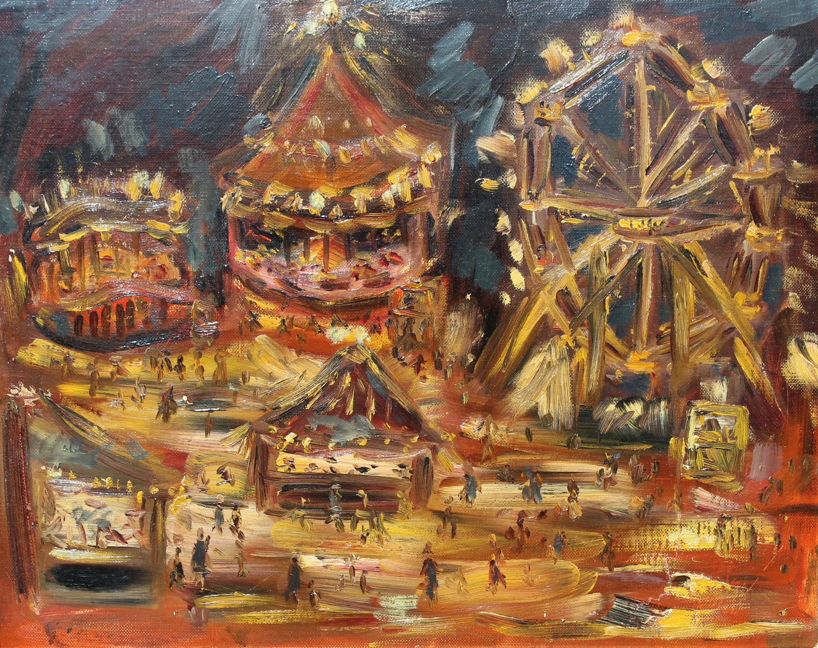 20th C. Signed Painting of a Circus: Appears to be signed lower left. Oil on Board. Inscribed verso on Board. Sight Size: 15.25 x 19.25 in. Overall Framed Size: 23 x 27 in.