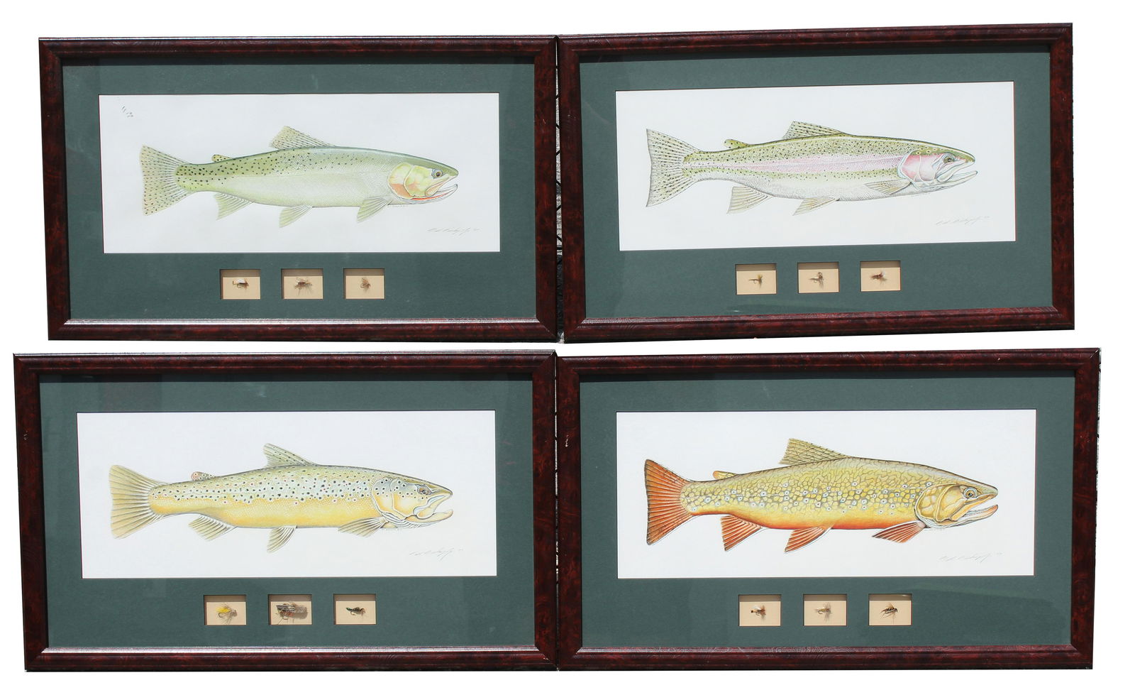 (4) Bill Bishop Jr Lithographs: (4) Bill Bishop Jr. Embellished lithograph framed with antique fishing flies (3 matted in each frame) Pencil signed and dated (1997) lower right corners. Image Size: 9 x 22 in. Overall Framed Size: 17