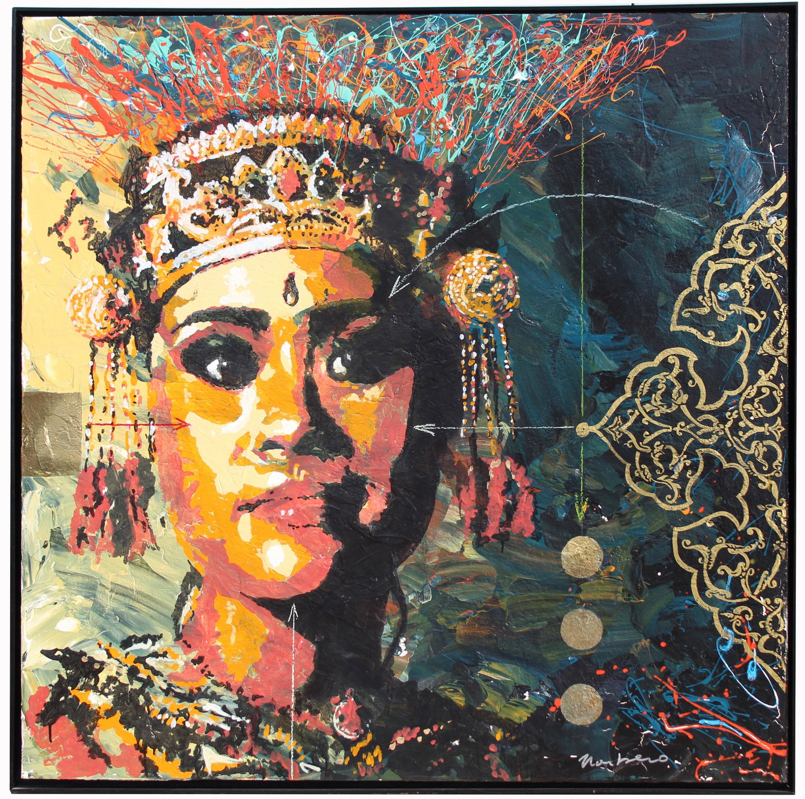 Christian Bernard, Monumental Painting "Indi": Christian Bernard, Monumental Painting "Indi". Mixed media painting on wood. With original gallery label verso. Size: 48 x 48 in.