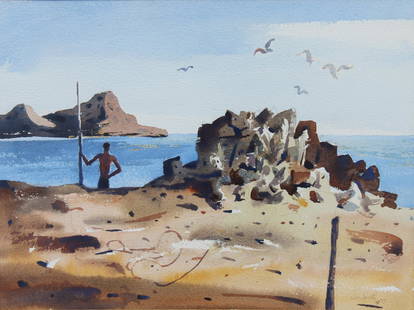 Hughie Lee-Smith (OH, NJ, FL, NM, 1915 - 1999): Hughie Lee-Smith (Ohio, New Jersey, Florida, New Mexico, 1915 - 1999) A Black man on a desolate rocky coast. Signed and dated '57 lower right. Watercolor on thick paper. Comes with copy of 1958 receip