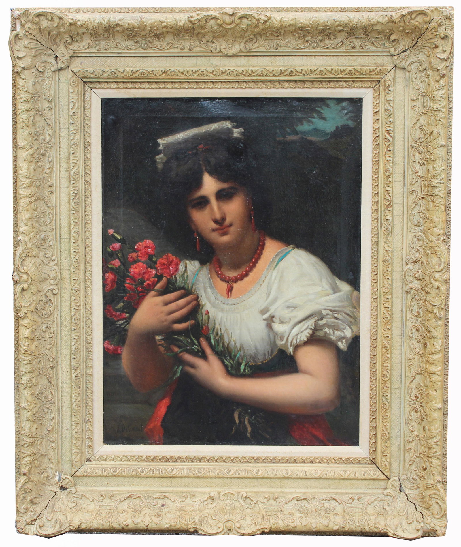 Pierre Joseph Louis Coninck (French, 1828 - 1910): Pierre Joseph Louis Coninck (French, 1828 - 1910) Italian beauty with carnations. Signed lower left. Oil on Canvas. A similar painting titled "Italian Beauty" by this artist, just sold at Sotheby's on