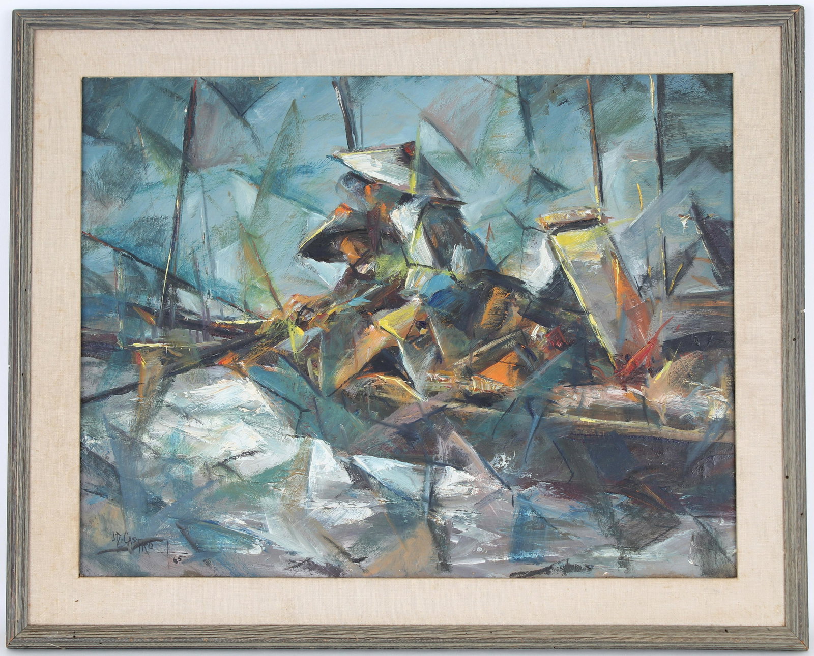 J.D. Castro (Philippines, 1908 - 1994): J.D. Castro (Philippines, 1908 - 1994) Cubist figures in a boat. Signed and dated ('65) lower left. Oil on Canvas. Sight Size: 20 x 26 in. Overall Framed Size: 25.25 x 31 in.