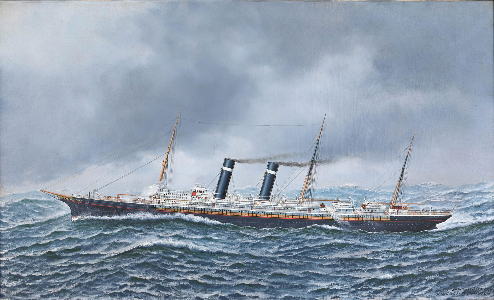 Antonio Jacobsen (1850 - 1921) "SS New York": Antonio Nicolo Gasparo Jacobsen (Denmark, NY, NJ, 1850 - 1921) "SS New York" Oil on Canvas. Signed, dated (1906) and inscribed '31 Palisade Av. West Hoboken NJ' lower right. Sight Size: 22 x 36 in. Ov