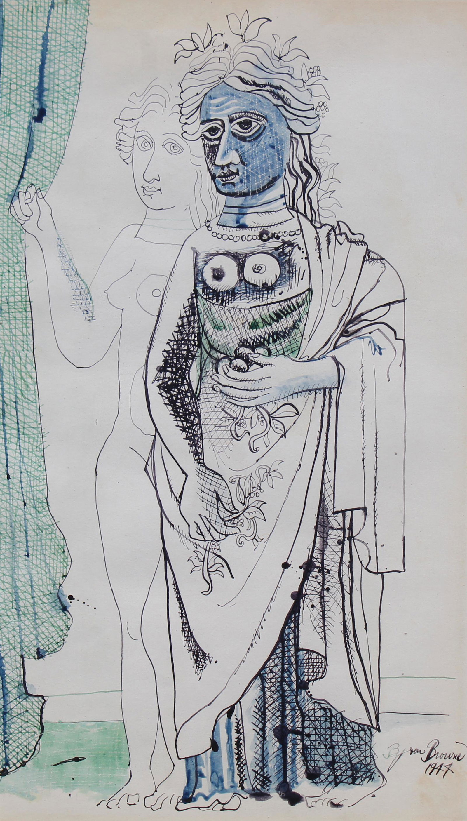 Byron Browne (New York, 1907 - 1961): Byron (George Byron) Browne (New York, 1907 - 1961) Signed and dated (1944) lower right. Watercolor/Gouache. Sight Size: 19 x 10.75 in. Overall Framed Size: 28.5 x 20 in. Framed behind glass.