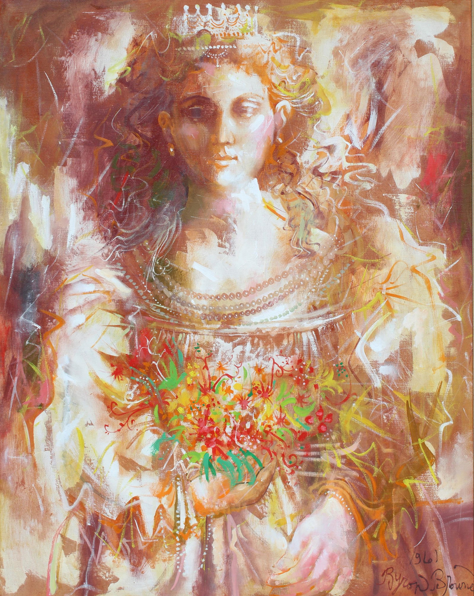 Byron Browne (New York, 1907 - 1961) "Primavera": Byron (George Byron) Browne (New York, 1907 - 1961) "Primavera" Oil on canvas painting. Signed and dated (1961) lower right. Inscribed verso on canvas. Provenance: Estate of Renee Grossberg, NYC. Sigh