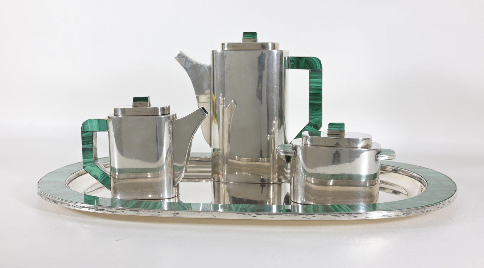 Italian Art Deco 800 Silver & Malachite Coffee Set (1 of 9)