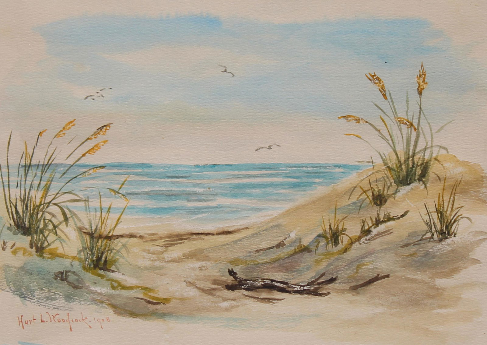 Hartwick Woodcock (1853 - 1929) Florida: Hartwick Leon Woodcock (American, 1853 - 1929) Signed and dated (1908) lower left. Watercolor on Paper. Sight Size: 8.75 x 11.5 in. Overall Framed Size: 16 x 19 in. Framed behind glass.