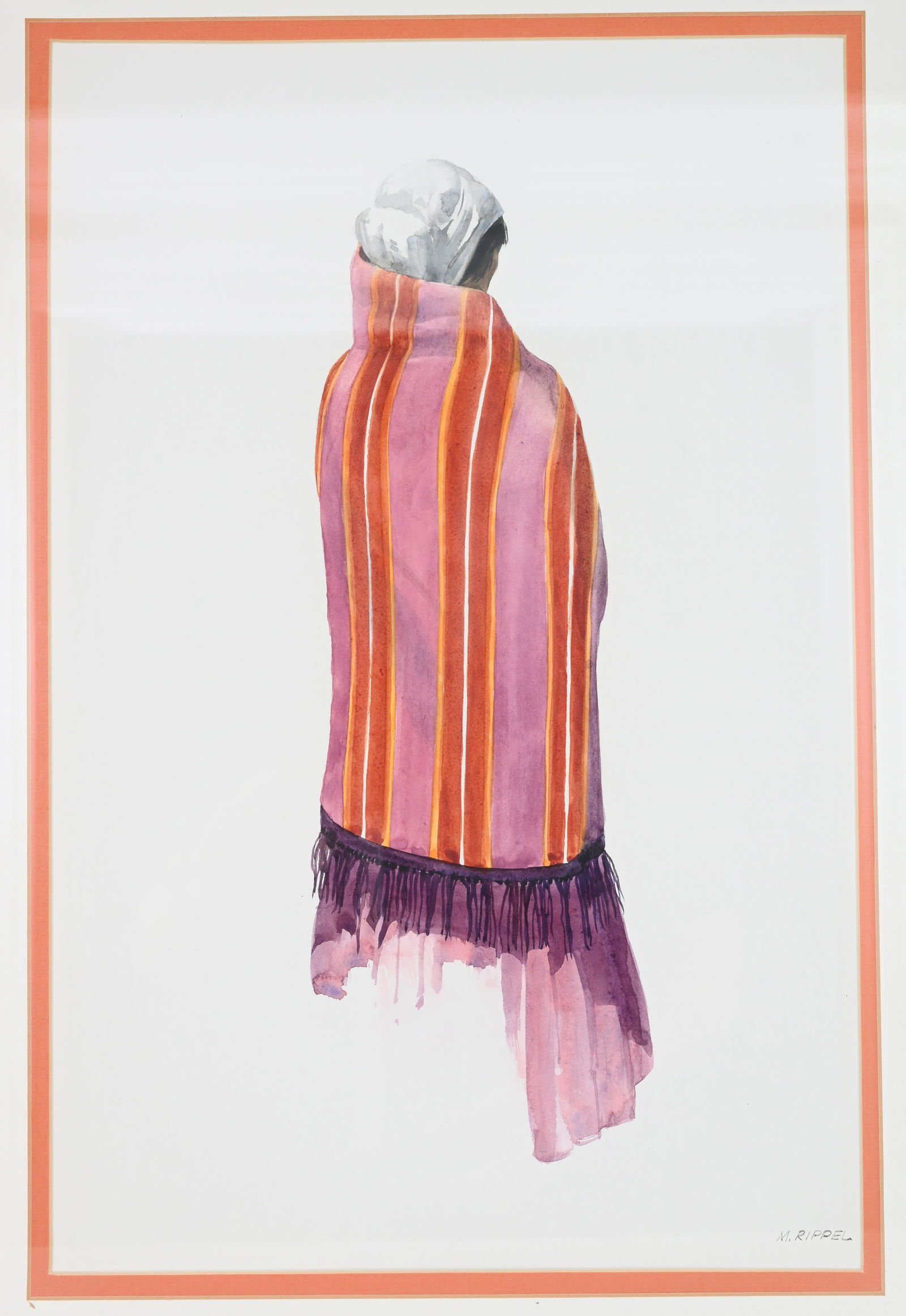 Morris Rippel (1930 - 2009) Watercolor: Morris Rippel (American, 1930 - 2009) "Woman in Blanket" Watercolor. Signed lower right. Sight Size: 20 x 13 in. Overall Framed Size: 29 x 21.5 in. Framed behind glass.