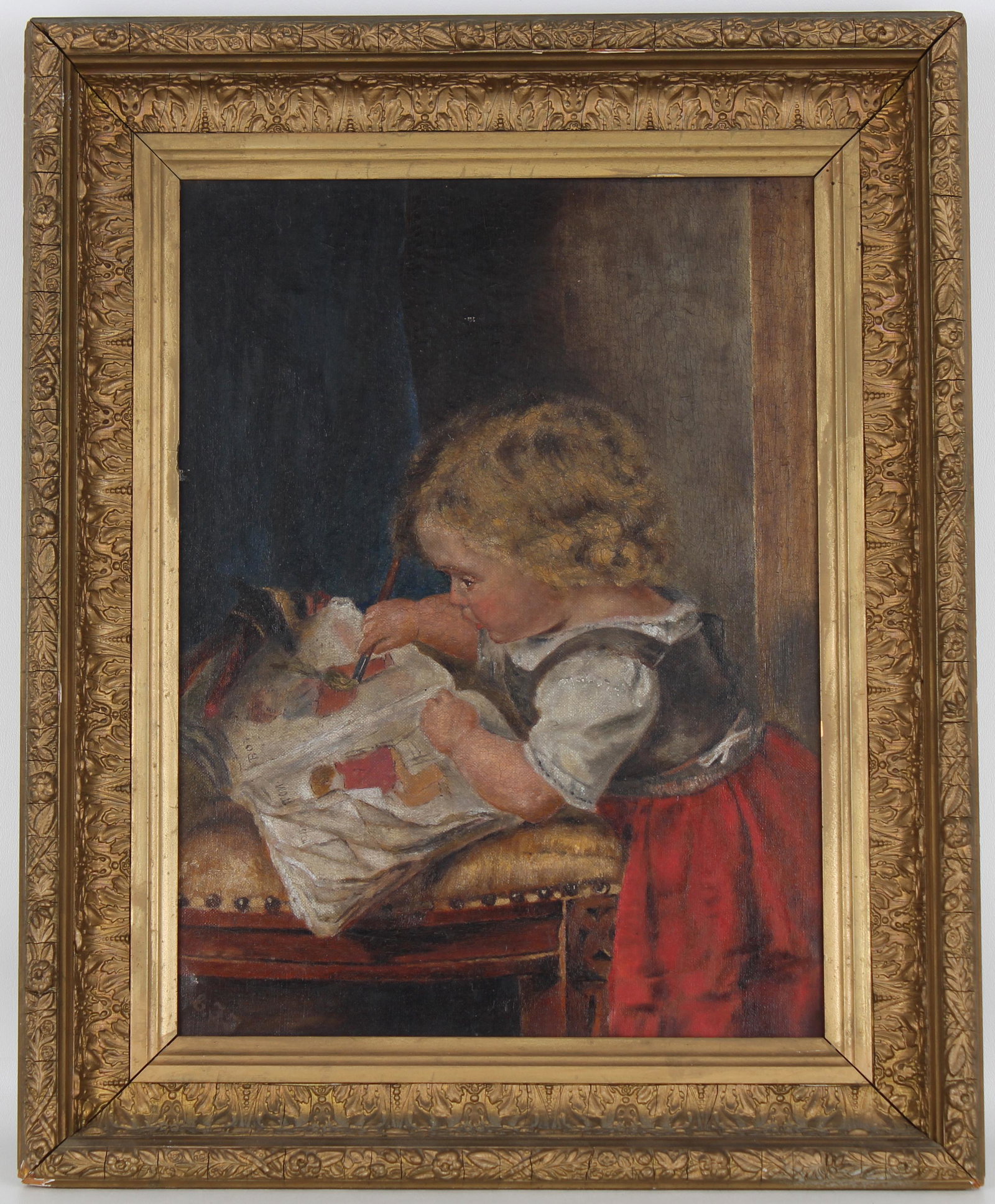 19th C. Painting of Girl W/ Coloring Book (1 of 4)